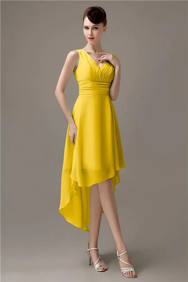 A-line Chiffon V-Neck High-Low Short Beach Bridesmaid Dresses