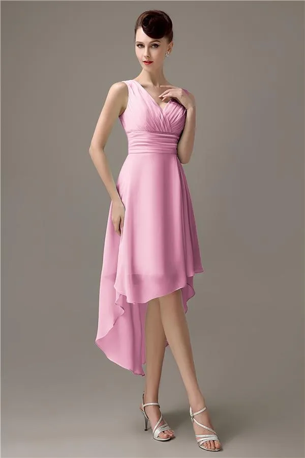 A-line Chiffon V-Neck High-Low Short Beach Bridesmaid Dresses