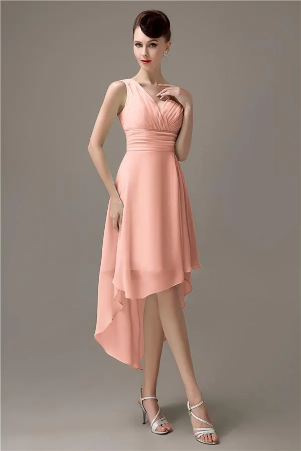 A-line Chiffon V-Neck High-Low Short Beach Bridesmaid Dresses