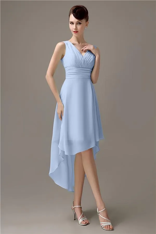 A-line Chiffon V-Neck High-Low Short Beach Bridesmaid Dresses