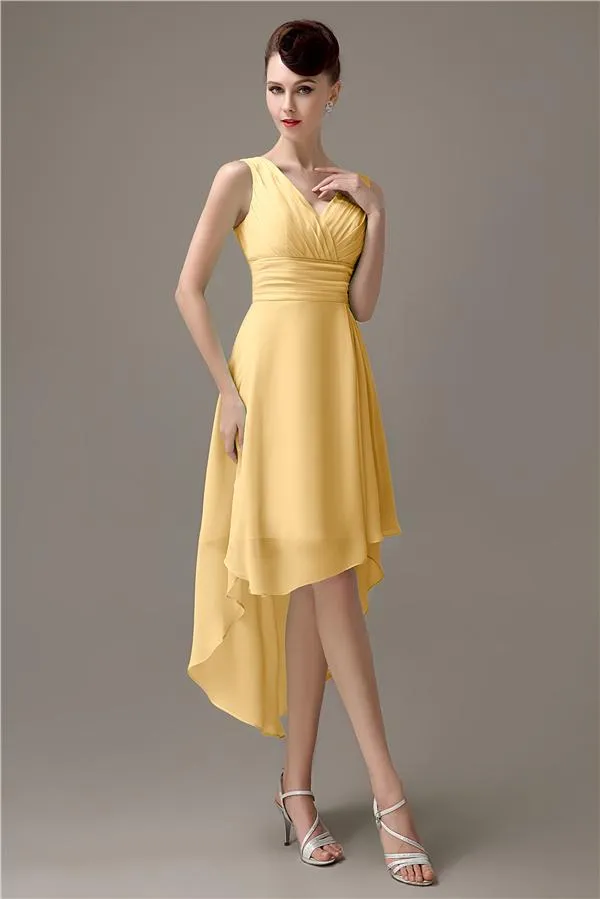 A-line Chiffon V-Neck High-Low Short Beach Bridesmaid Dresses