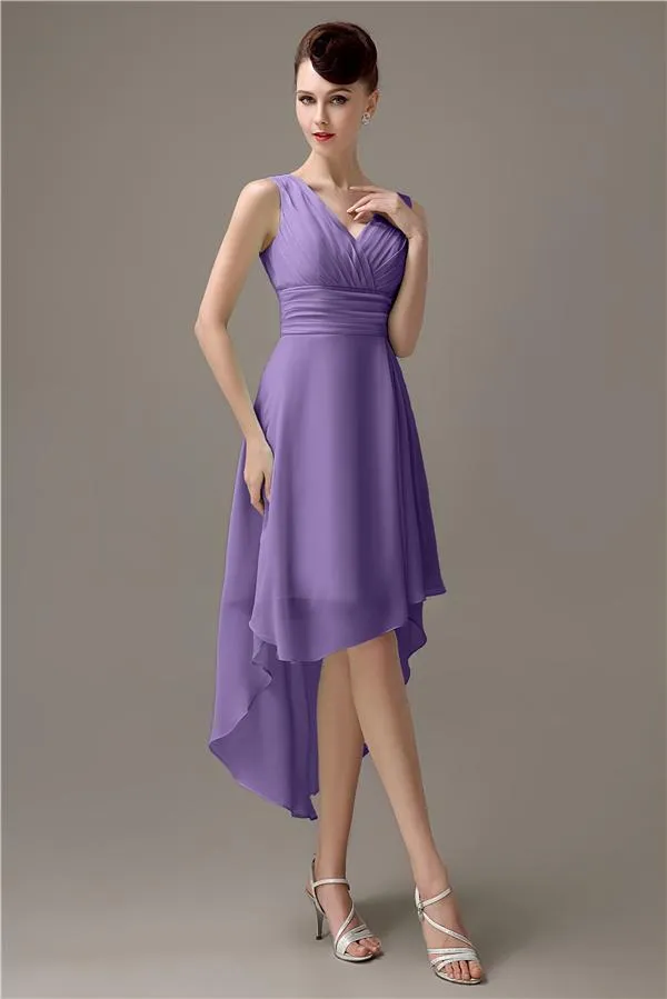 A-line Chiffon V-Neck High-Low Short Beach Bridesmaid Dresses