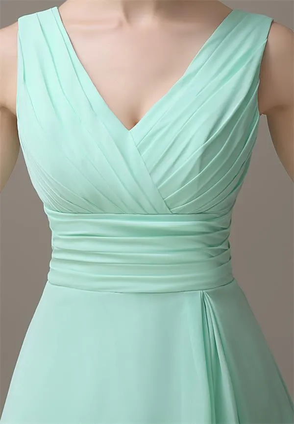 A-line Chiffon V-Neck High-Low Short Beach Bridesmaid Dresses