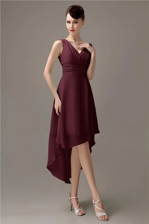 A-line Chiffon V-Neck High-Low Short Beach Bridesmaid Dresses