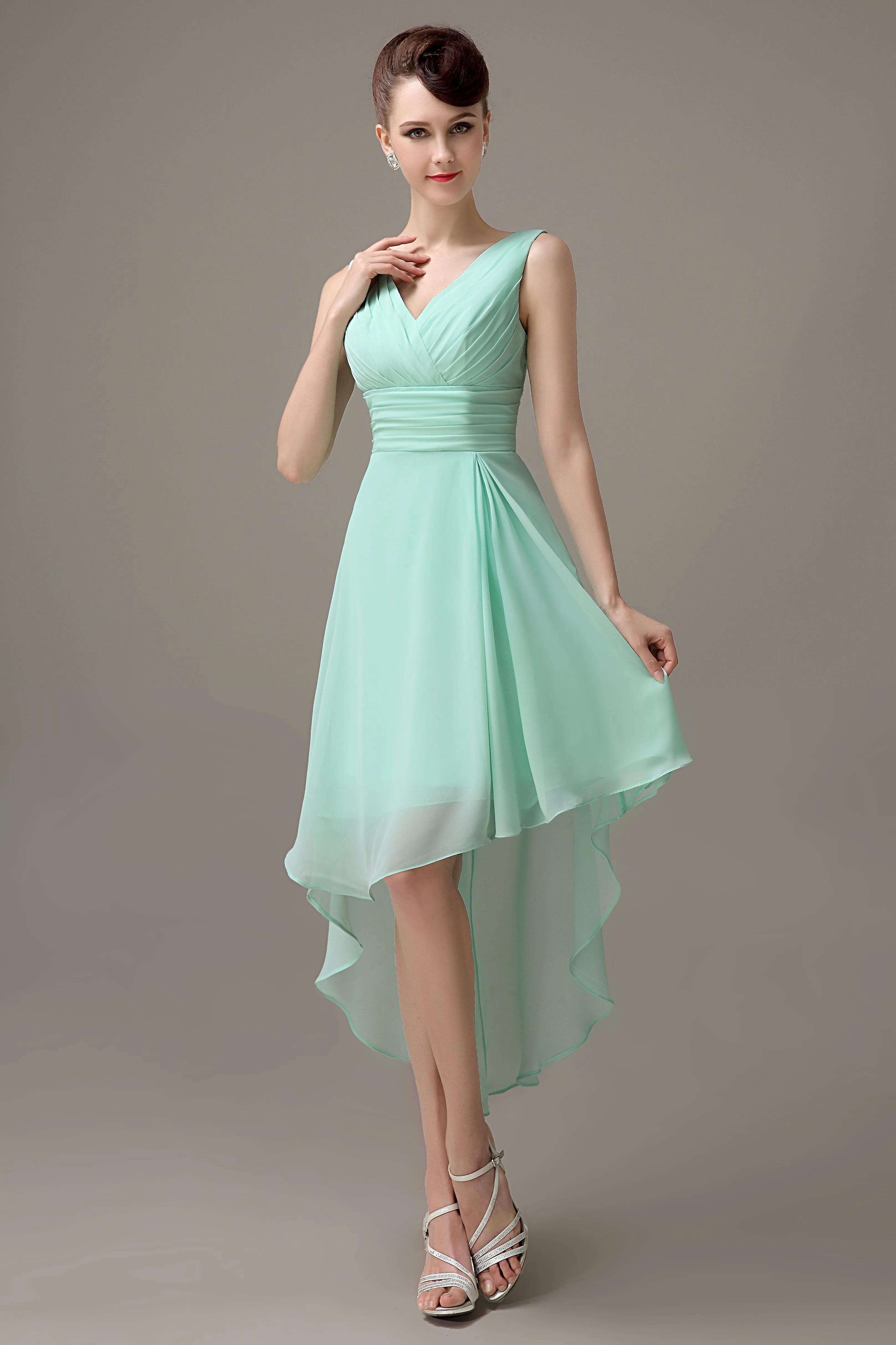 A-line Chiffon V-Neck High-Low Short Beach Bridesmaid Dresses