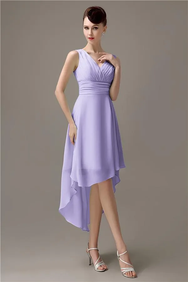 A-line Chiffon V-Neck High-Low Short Beach Bridesmaid Dresses