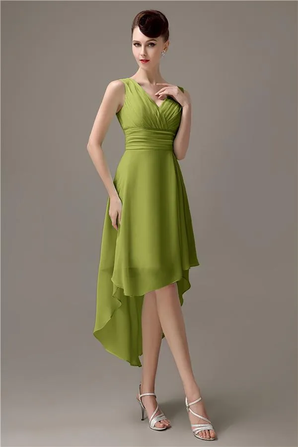 A-line Chiffon V-Neck High-Low Short Beach Bridesmaid Dresses