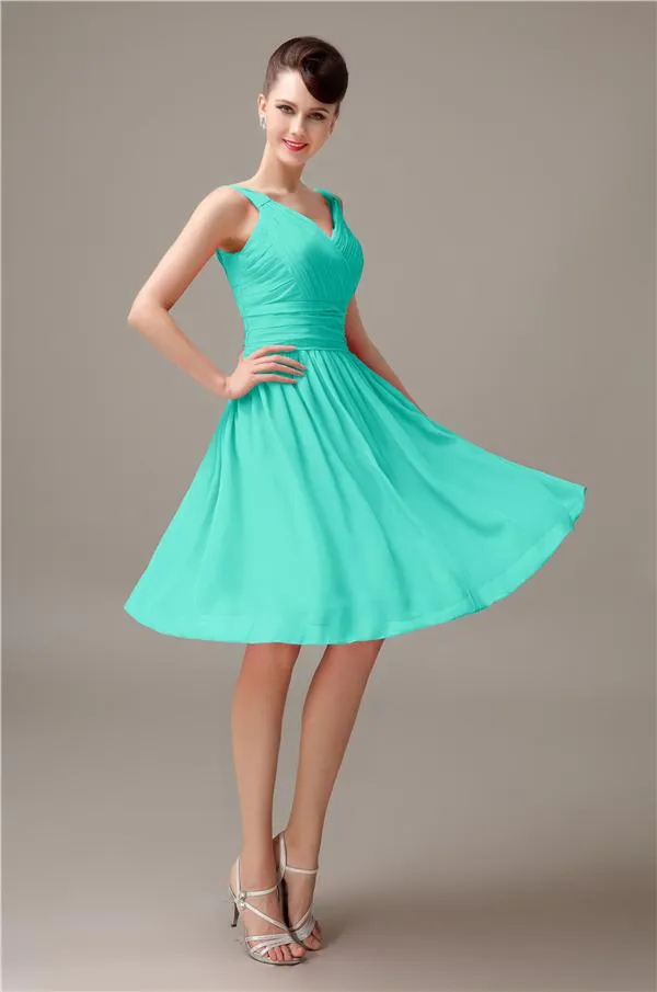 A-line Chiffon V-Neck Knee-Length Short Bridesmaid Dresses