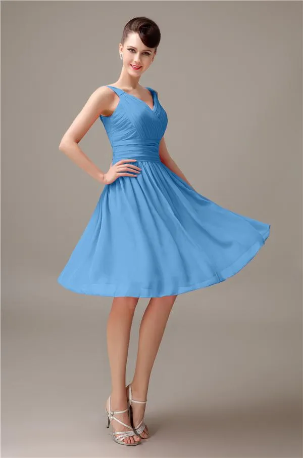 A-line Chiffon V-Neck Knee-Length Short Bridesmaid Dresses