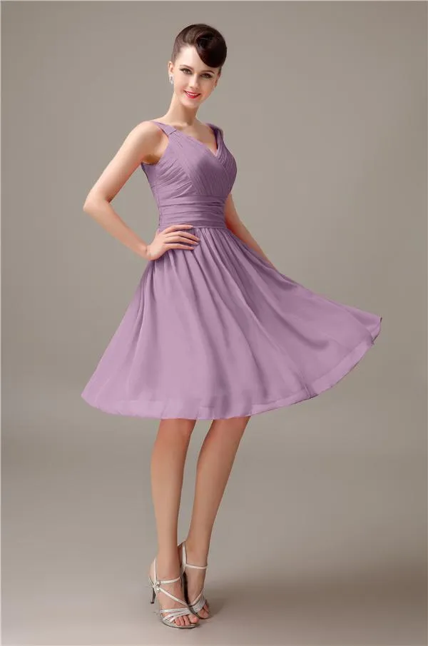 A-line Chiffon V-Neck Knee-Length Short Bridesmaid Dresses