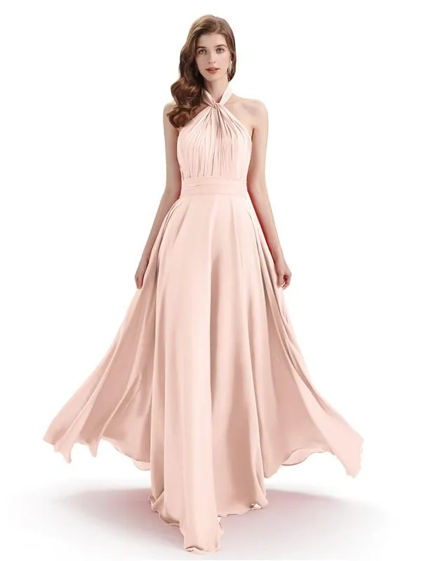 A-Line Cross Neck Pleats Chiffon Long Bridesmaid Dresses