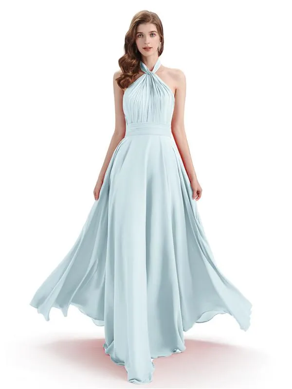 A-Line Cross Neck Pleats Chiffon Long Bridesmaid Dresses