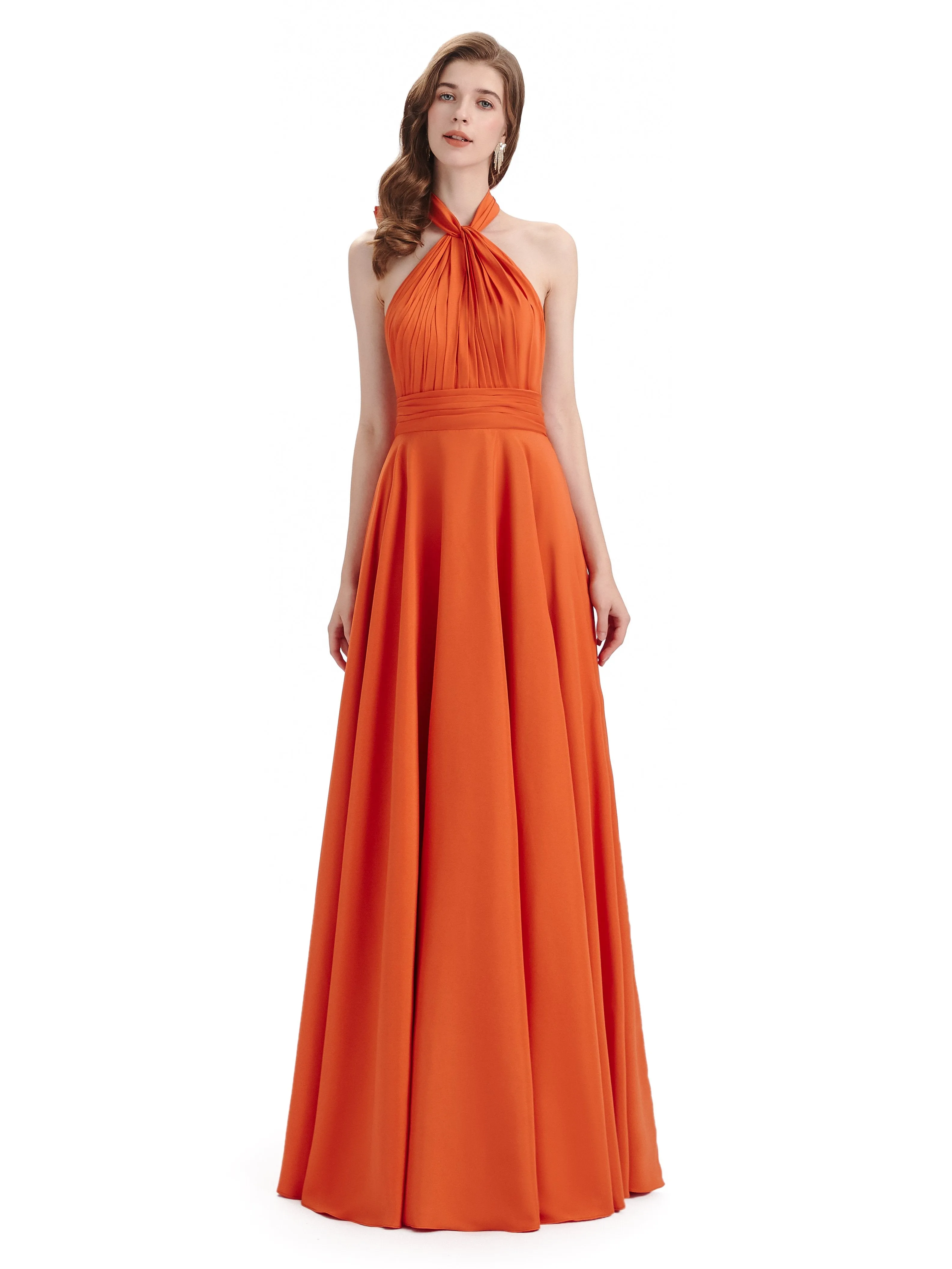 A-Line Cross Neck Pleats Chiffon Long Bridesmaid Dresses