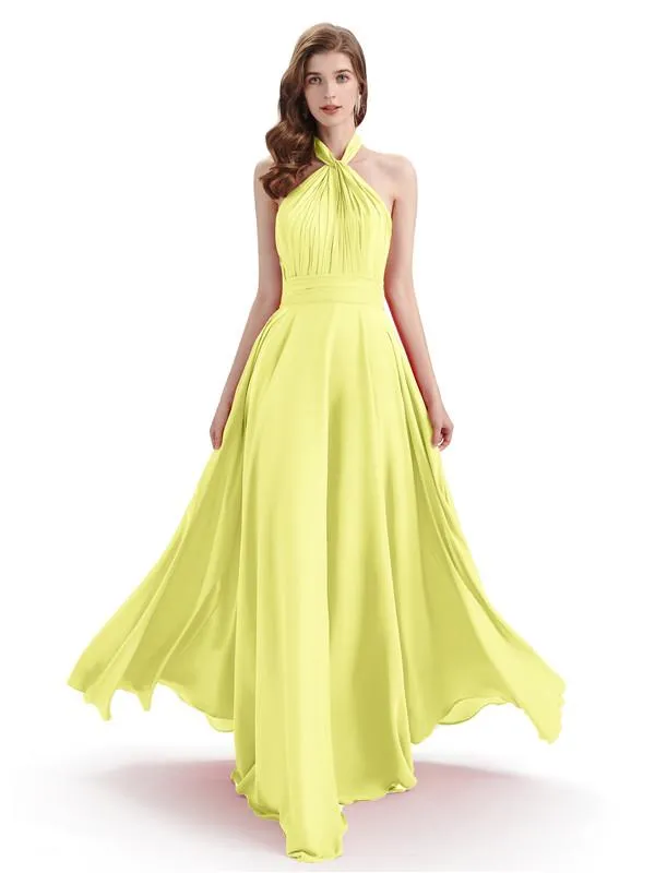 A-Line Cross Neck Pleats Chiffon Long Bridesmaid Dresses