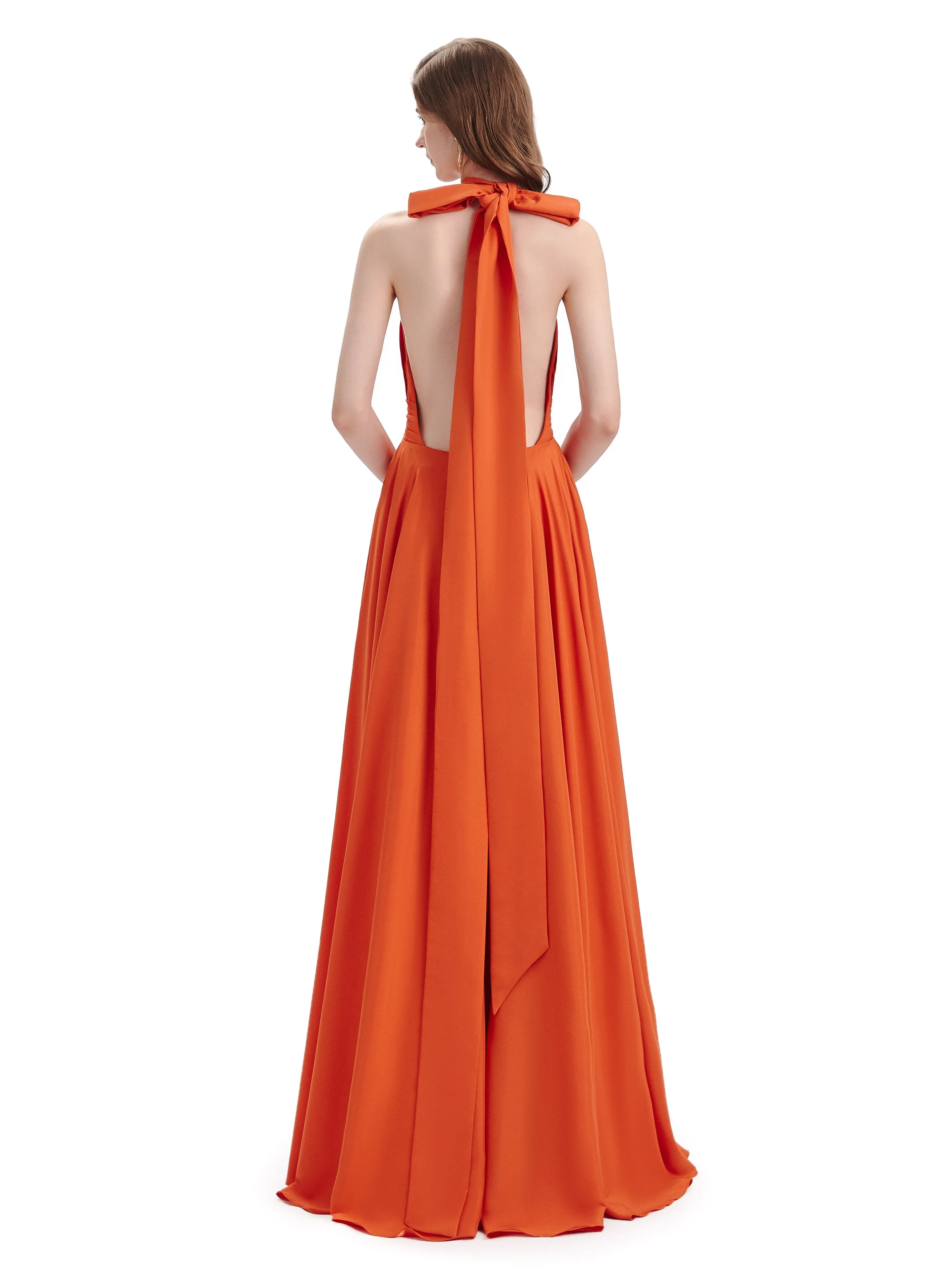 A-Line Cross Neck Pleats Chiffon Long Bridesmaid Dresses