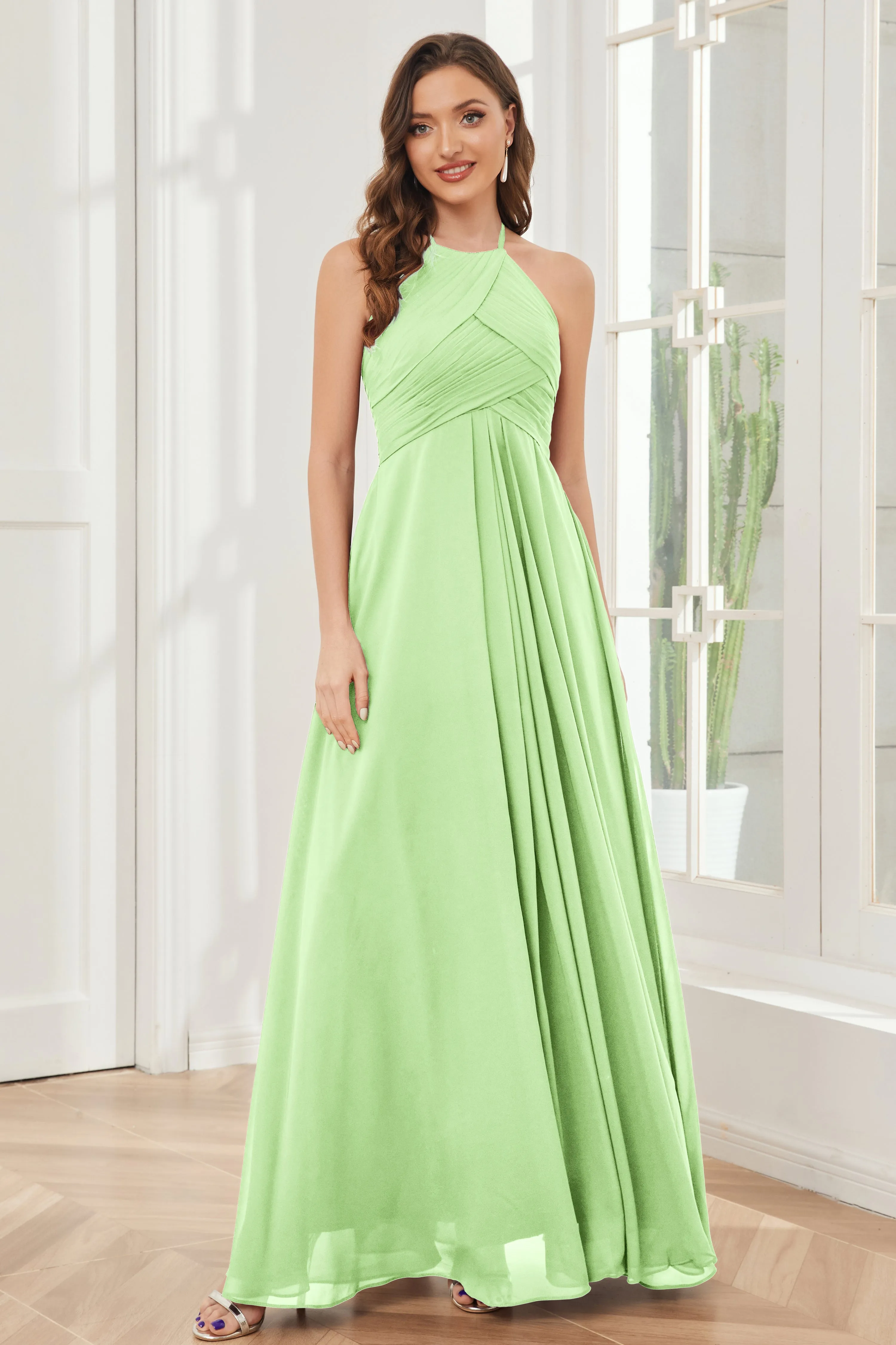 A-line Floor-length Halter Chiffon Bridesmaid Dresses