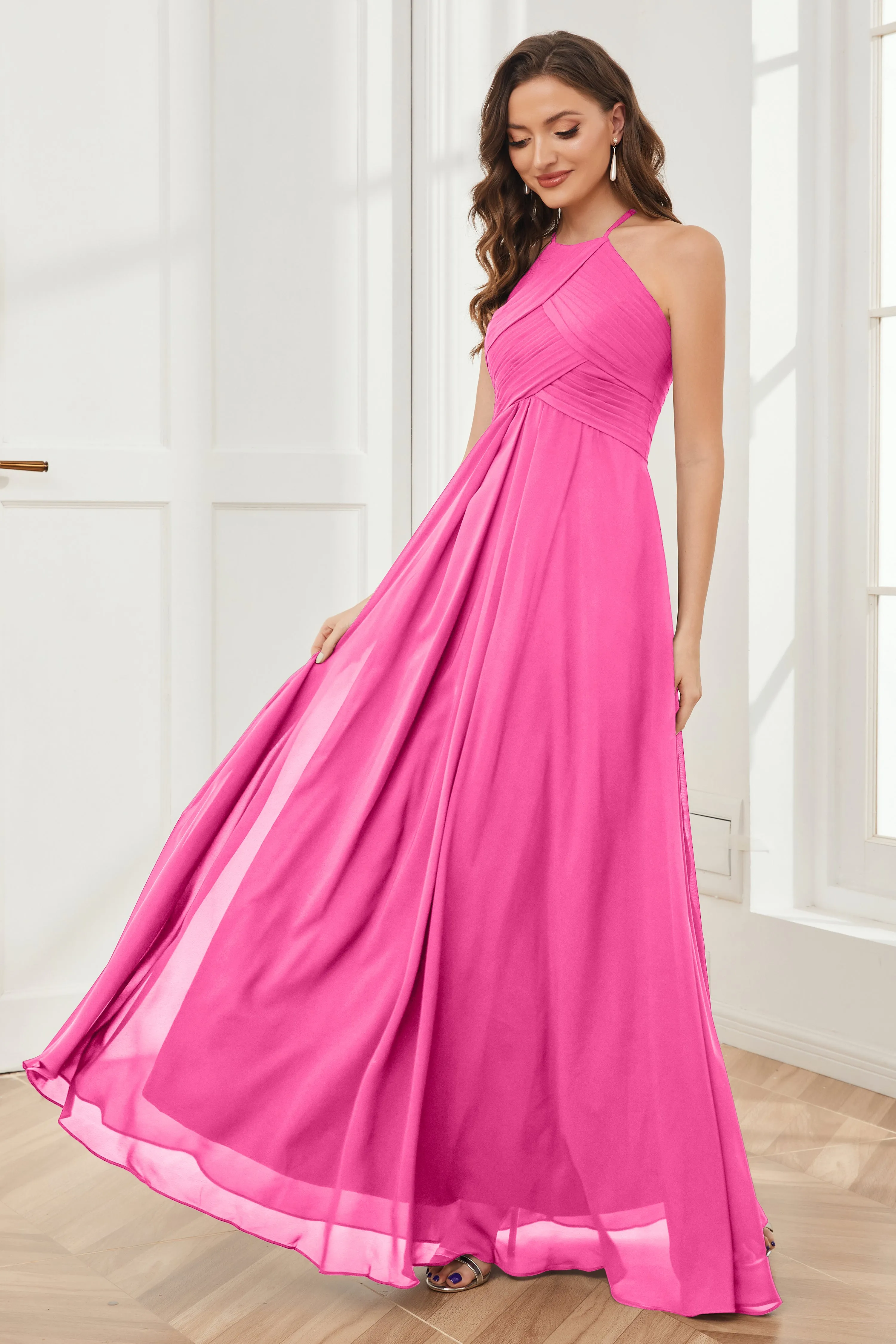 A-line Floor-length Halter Chiffon Bridesmaid Dresses