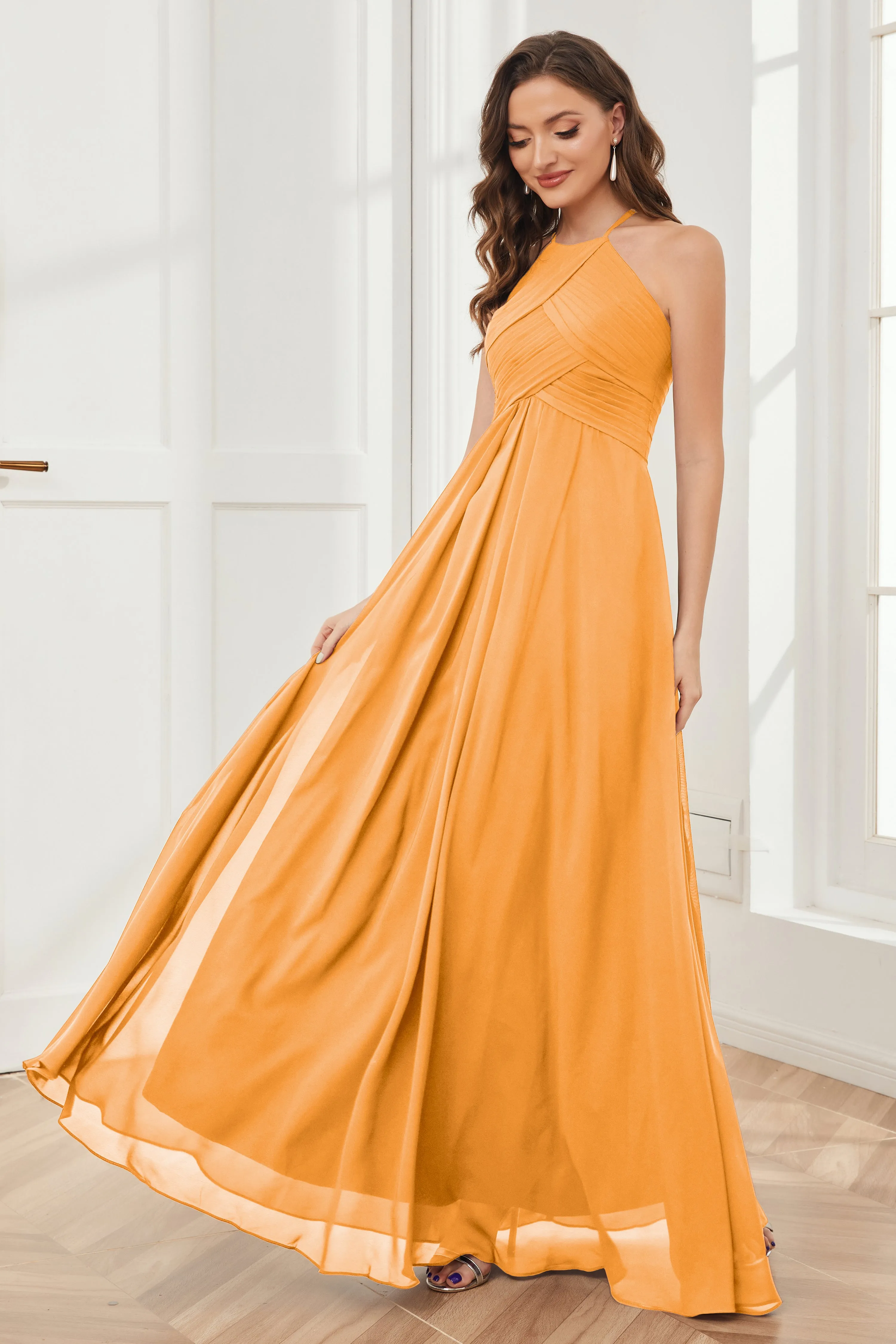 A-line Floor-length Halter Chiffon Bridesmaid Dresses