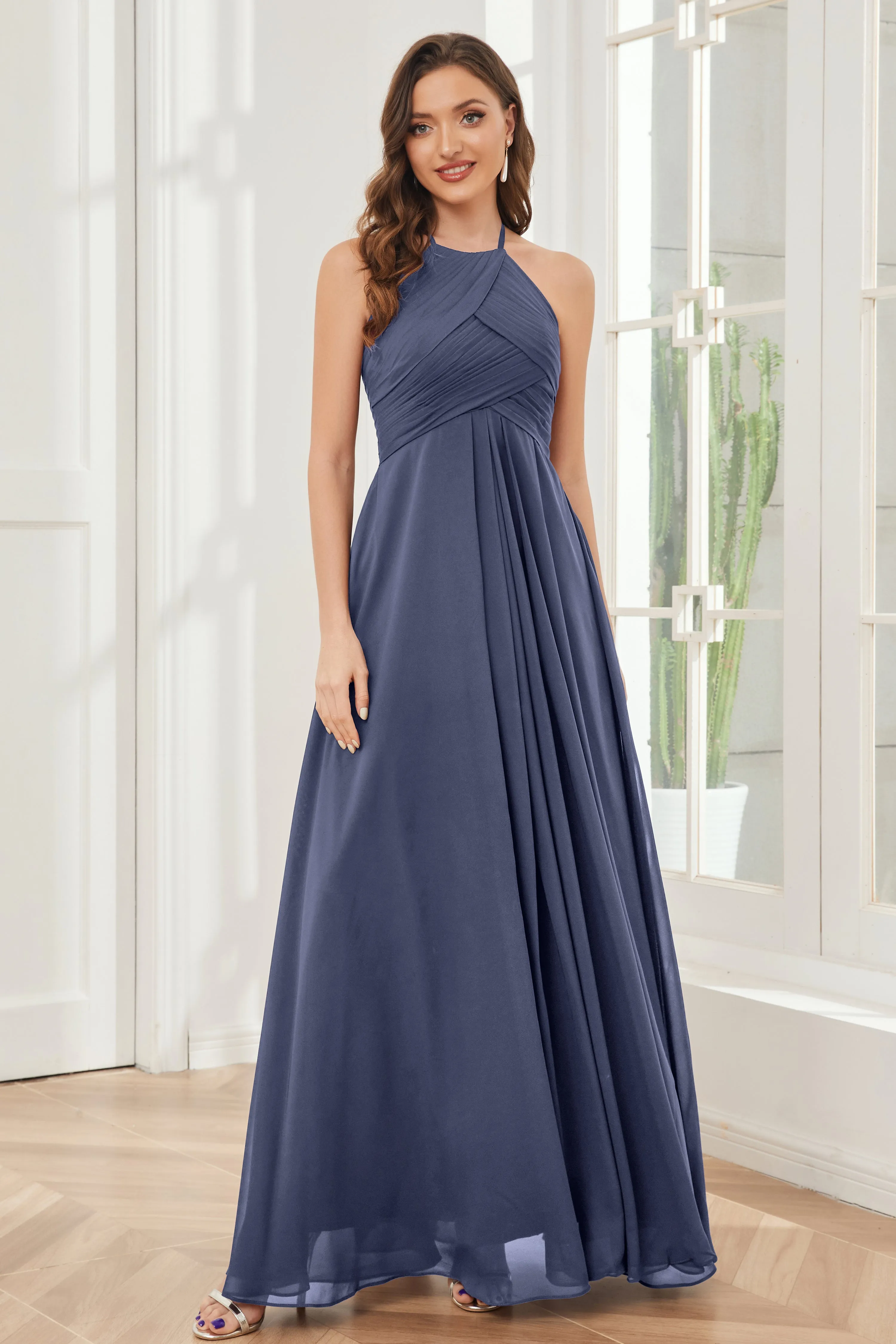 A-line Floor-length Halter Chiffon Bridesmaid Dresses