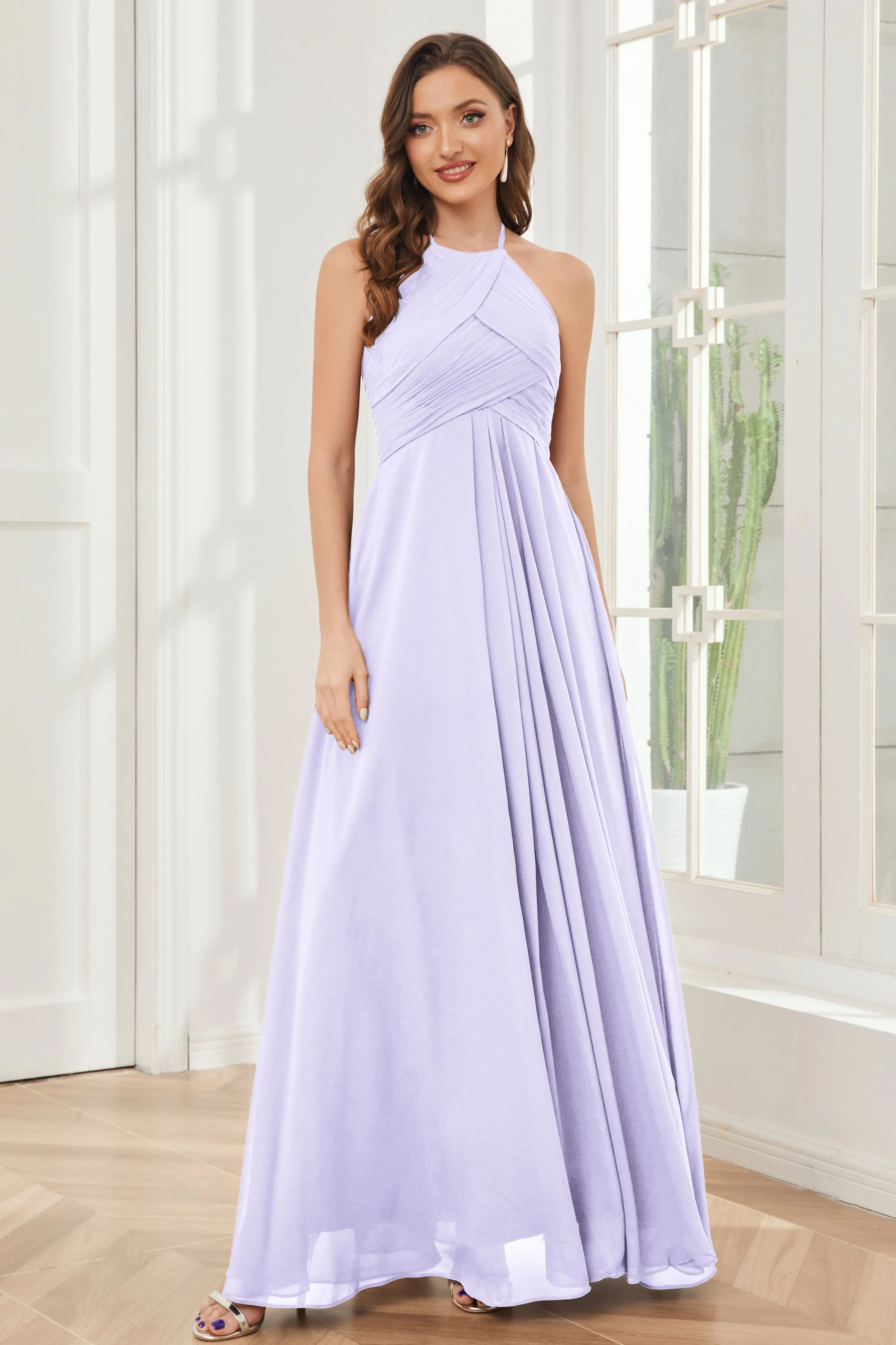 A-line Floor-length Halter Chiffon Bridesmaid Dresses