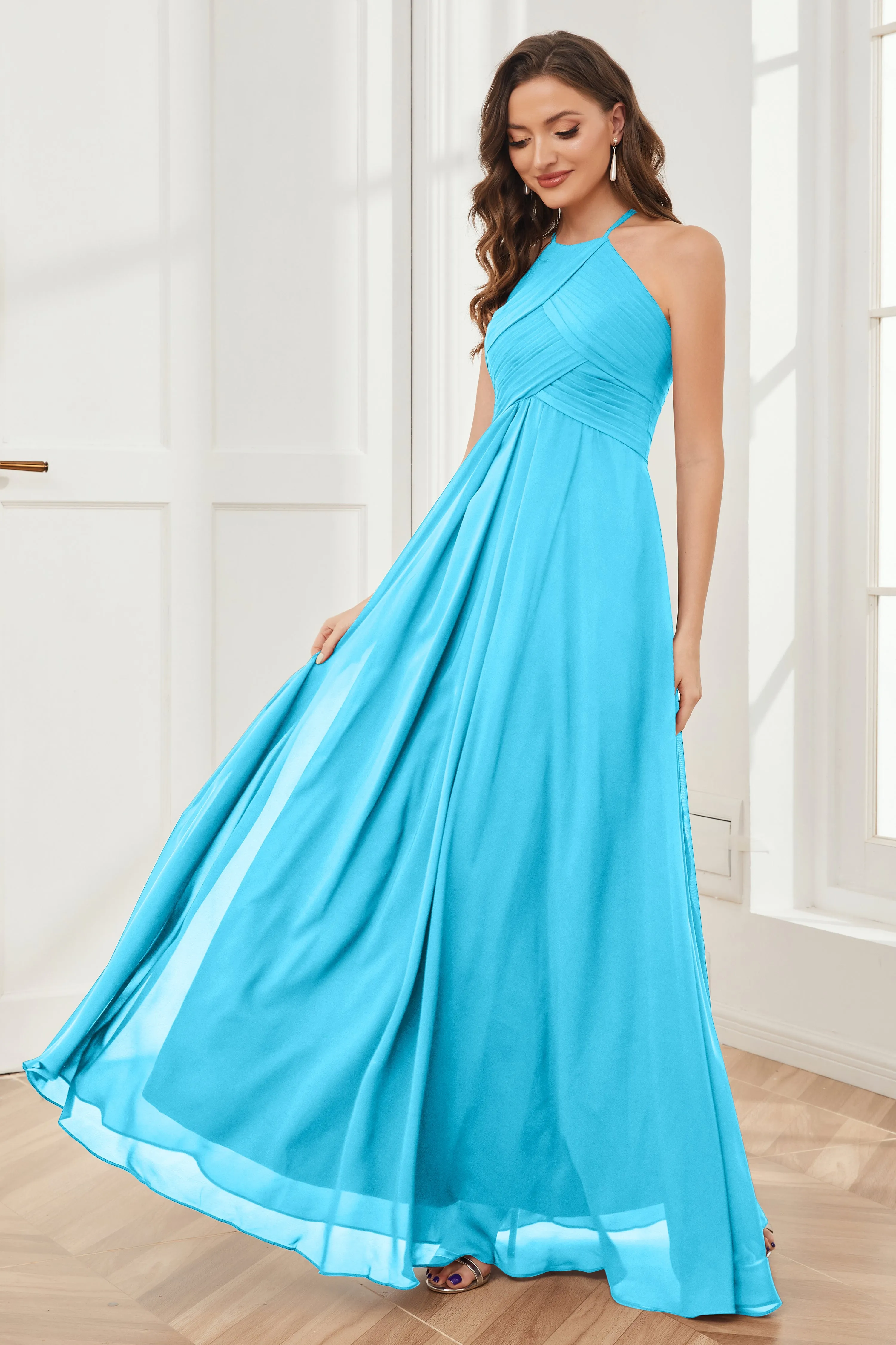 A-line Floor-length Halter Chiffon Bridesmaid Dresses