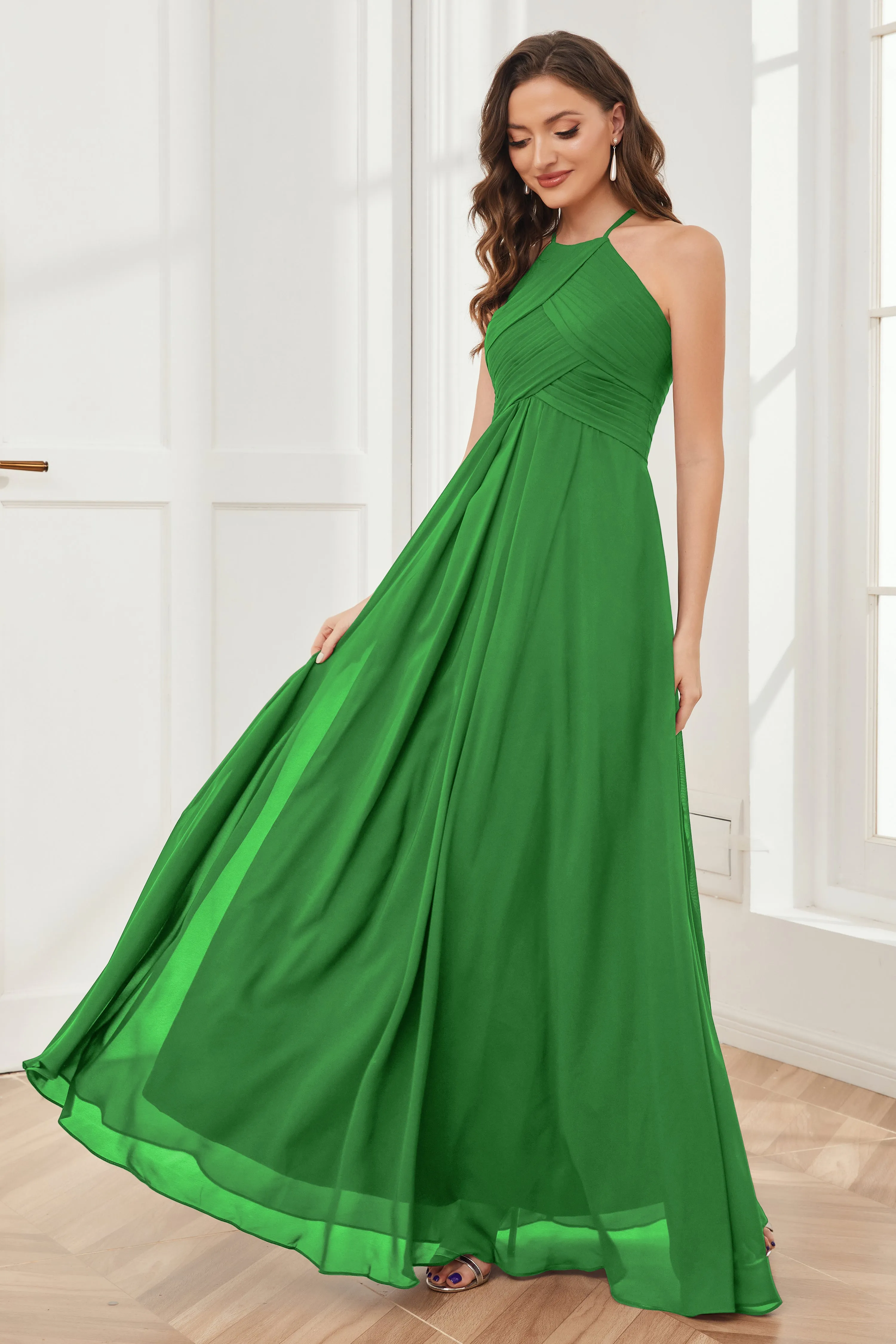 A-line Floor-length Halter Chiffon Bridesmaid Dresses