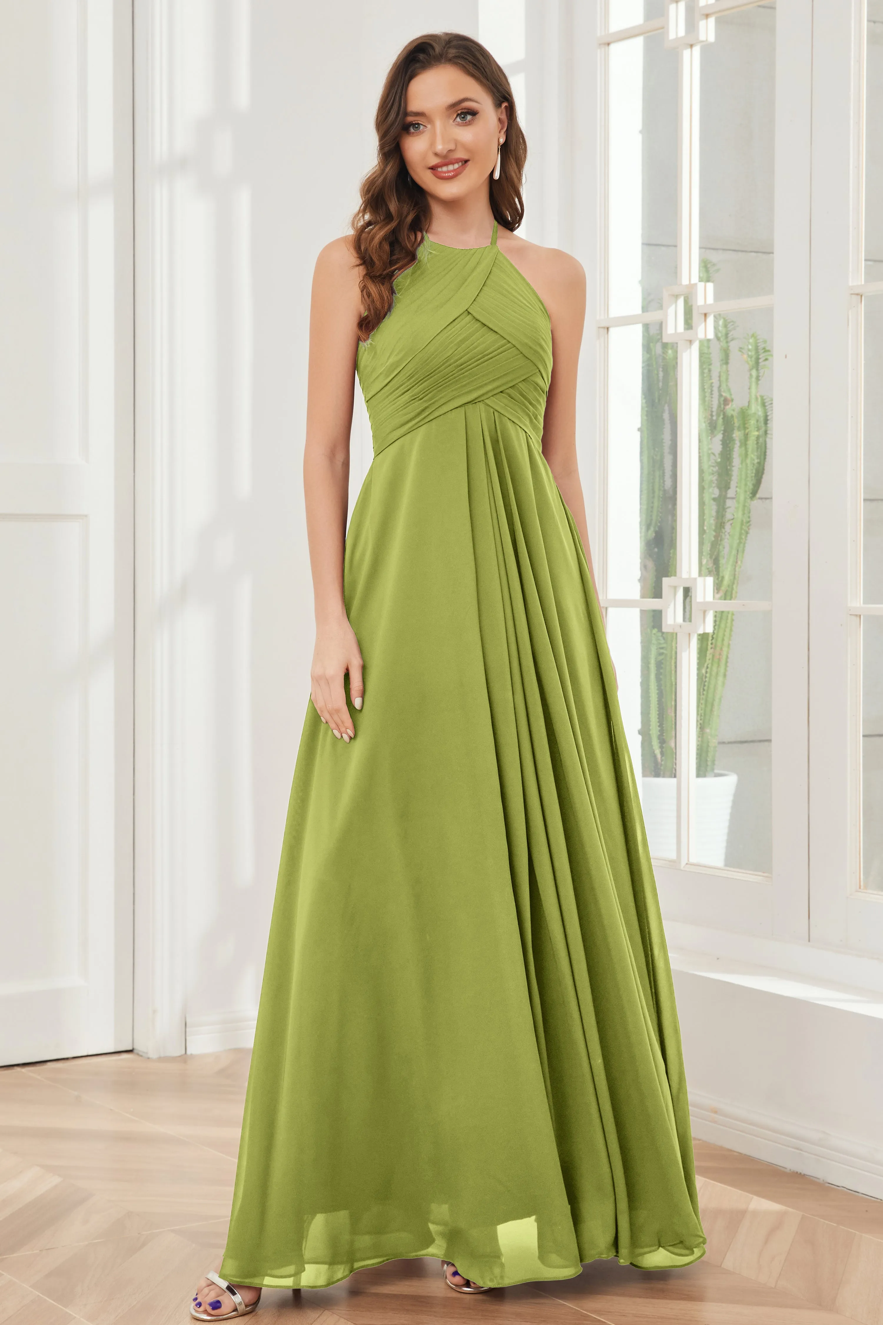 A-line Floor-length Halter Chiffon Bridesmaid Dresses