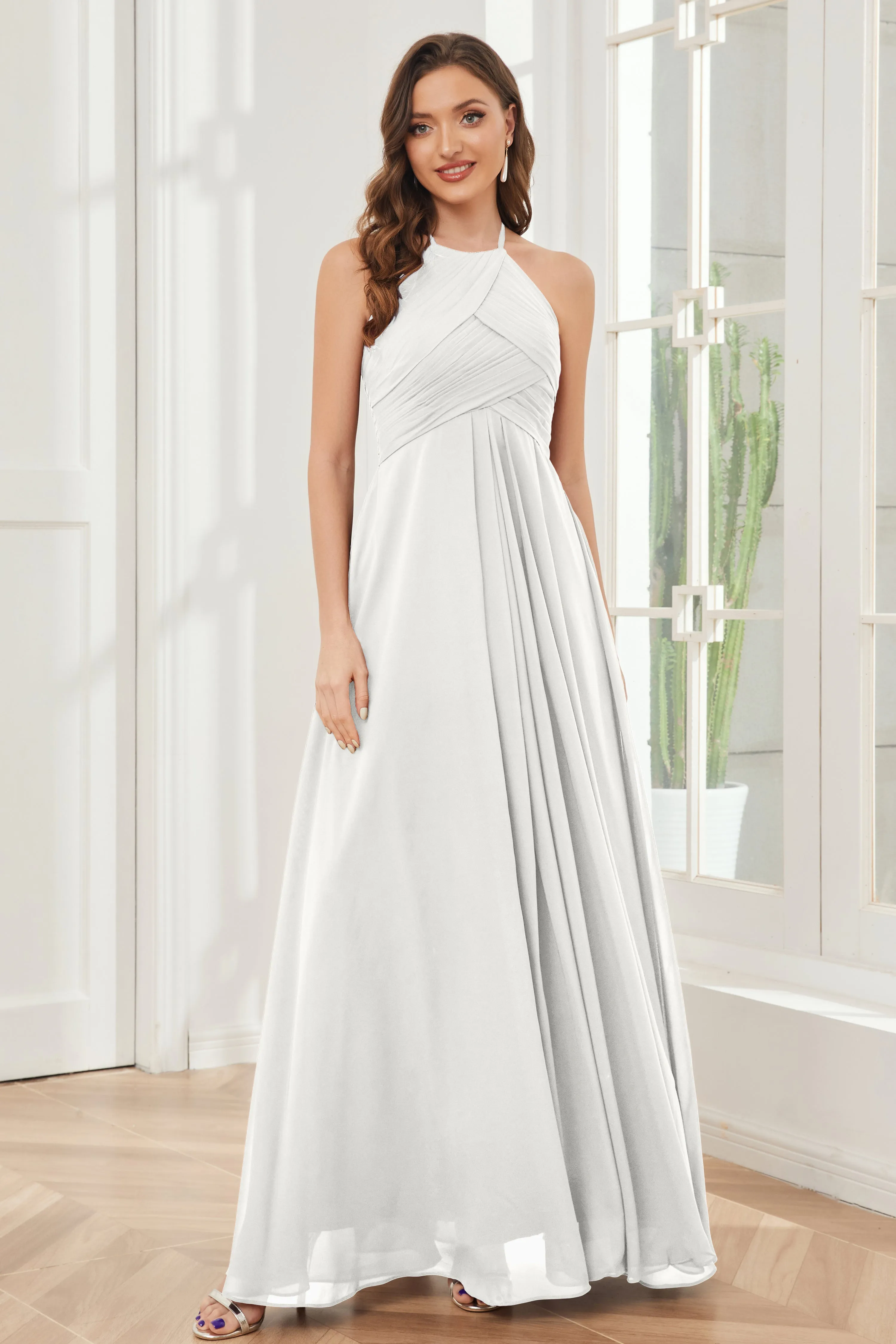 A-line Floor-length Halter Chiffon Bridesmaid Dresses