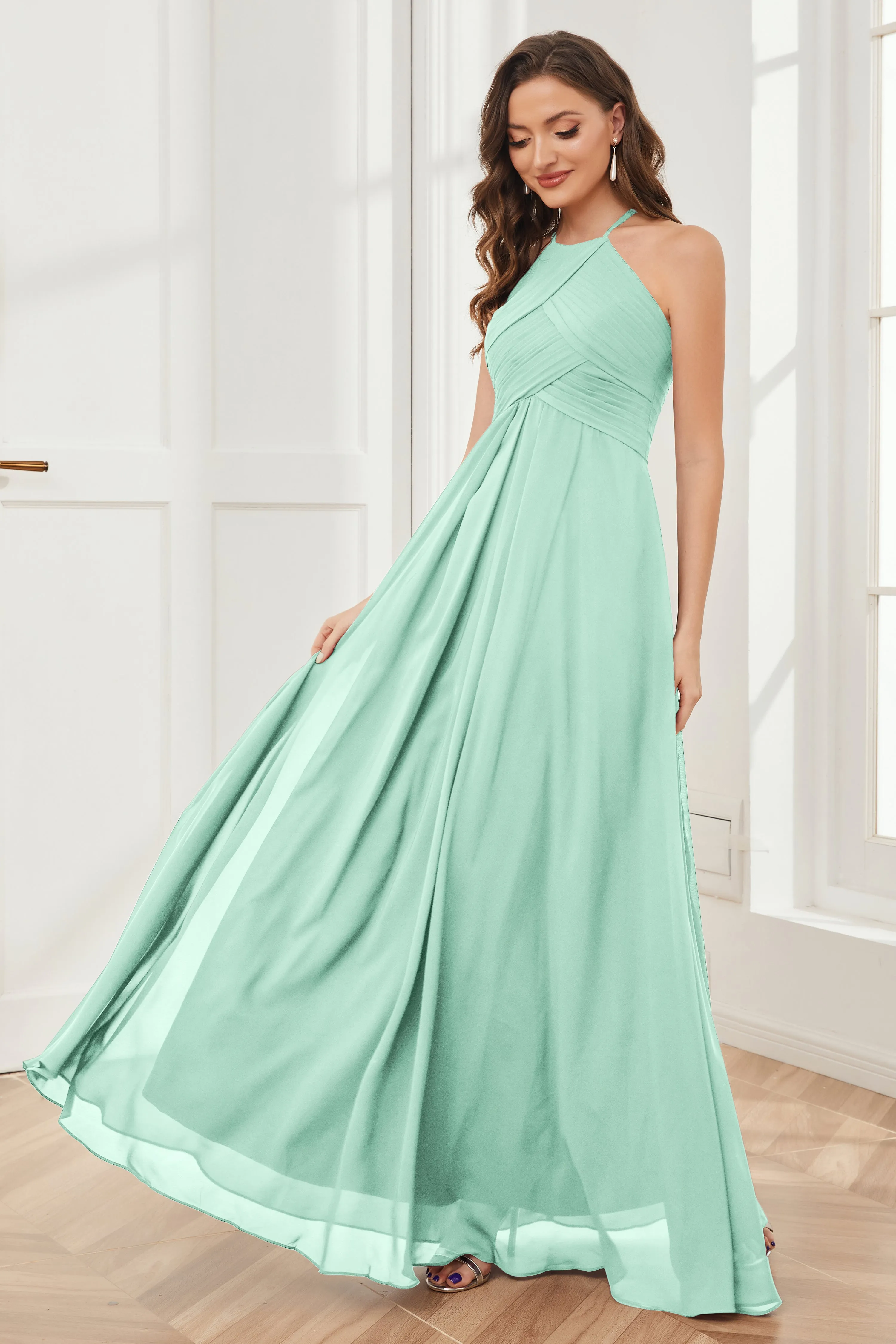 A-line Floor-length Halter Chiffon Bridesmaid Dresses