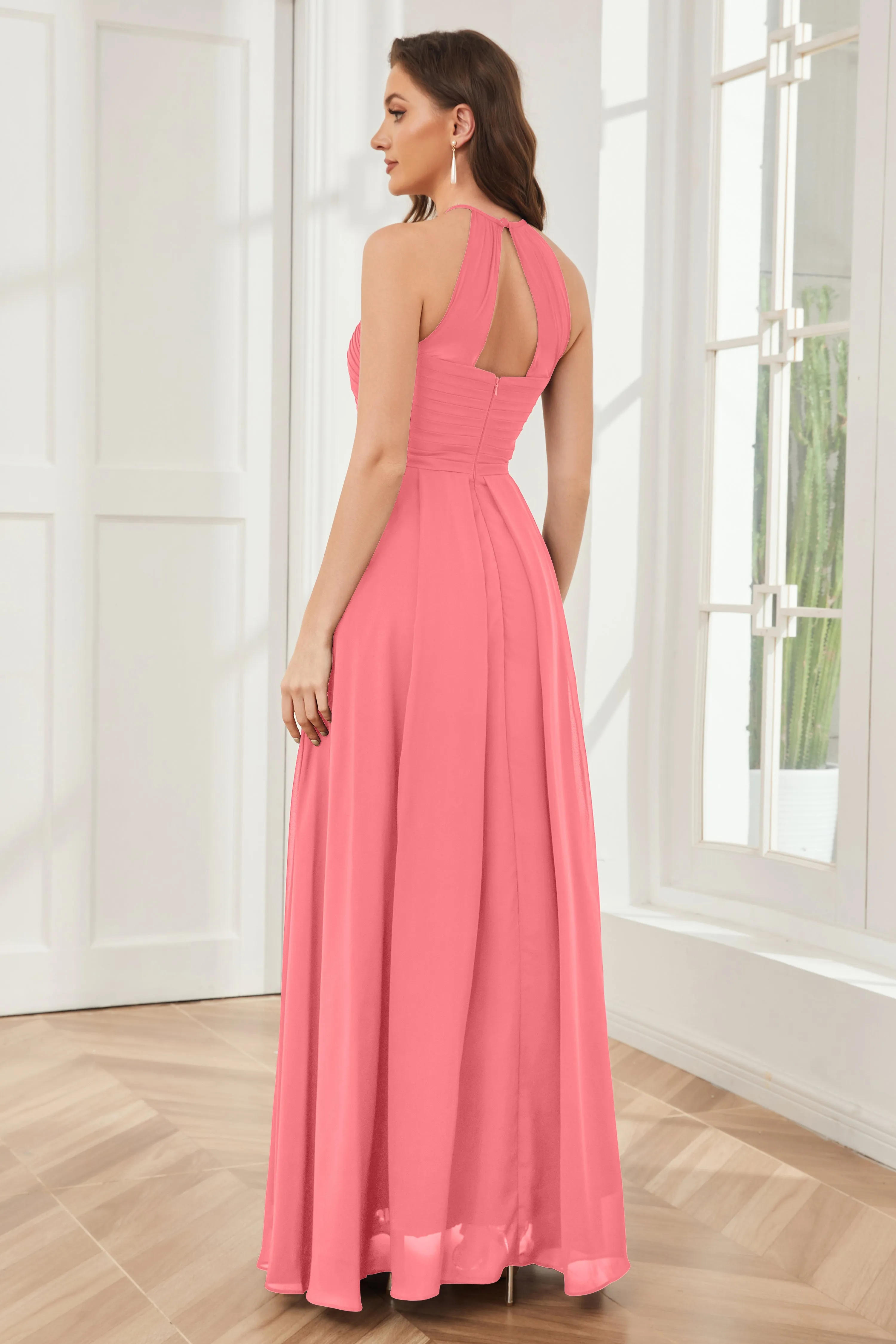 A-line Floor-length Halter Chiffon Bridesmaid Dresses