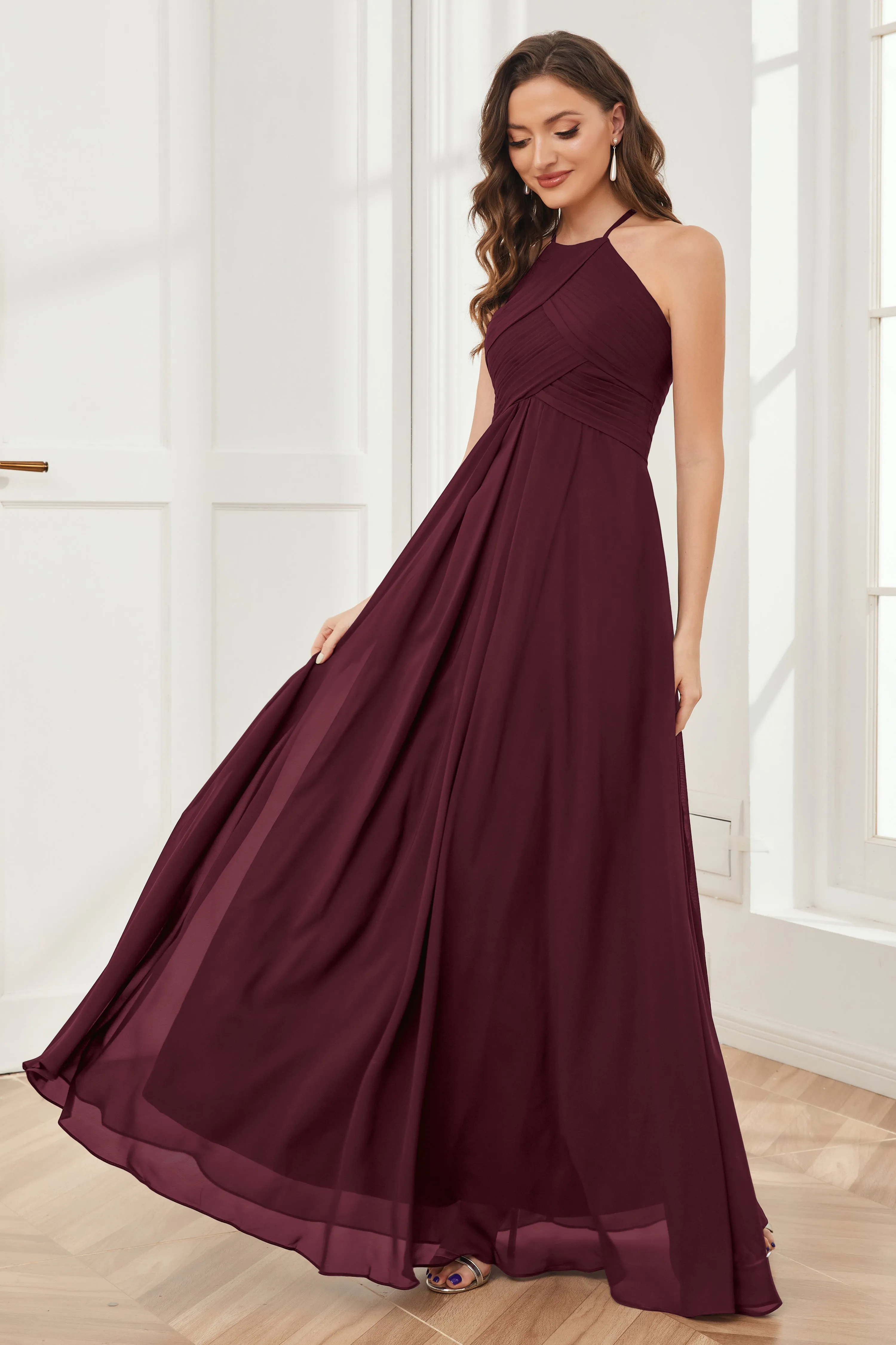 A-line Floor-length Halter Chiffon Bridesmaid Dresses