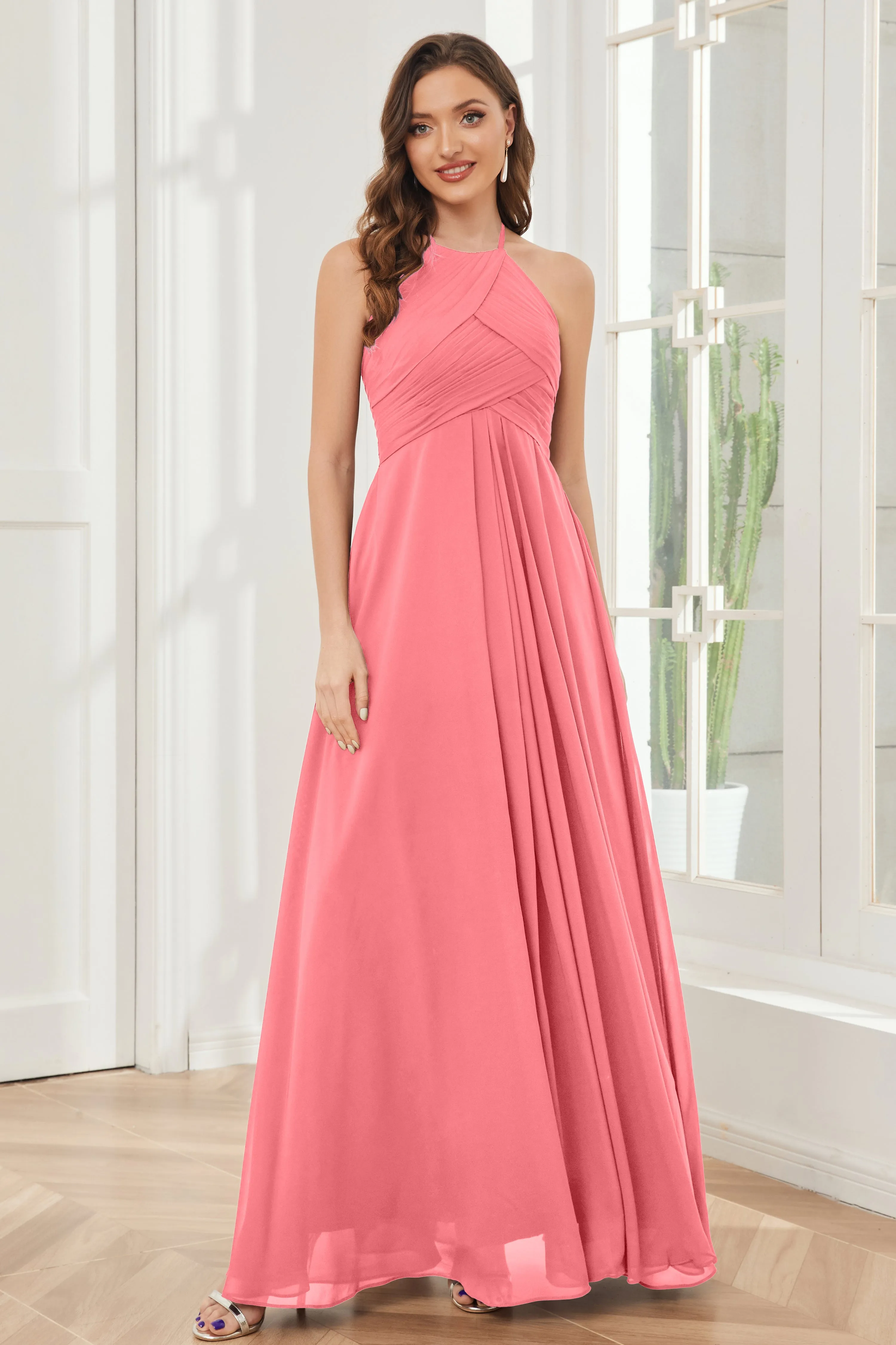 A-line Floor-length Halter Chiffon Bridesmaid Dresses