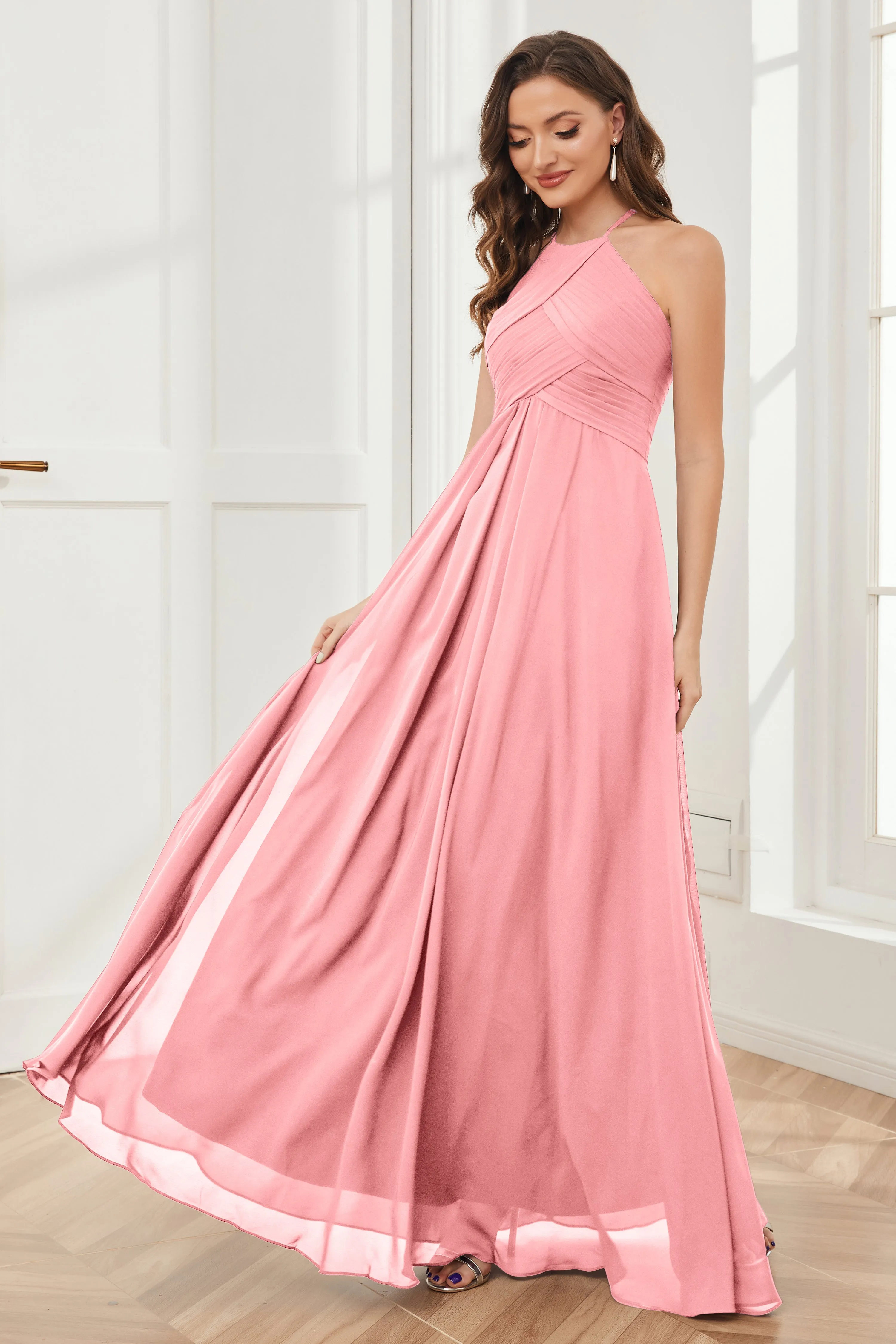 A-line Floor-length Halter Chiffon Bridesmaid Dresses