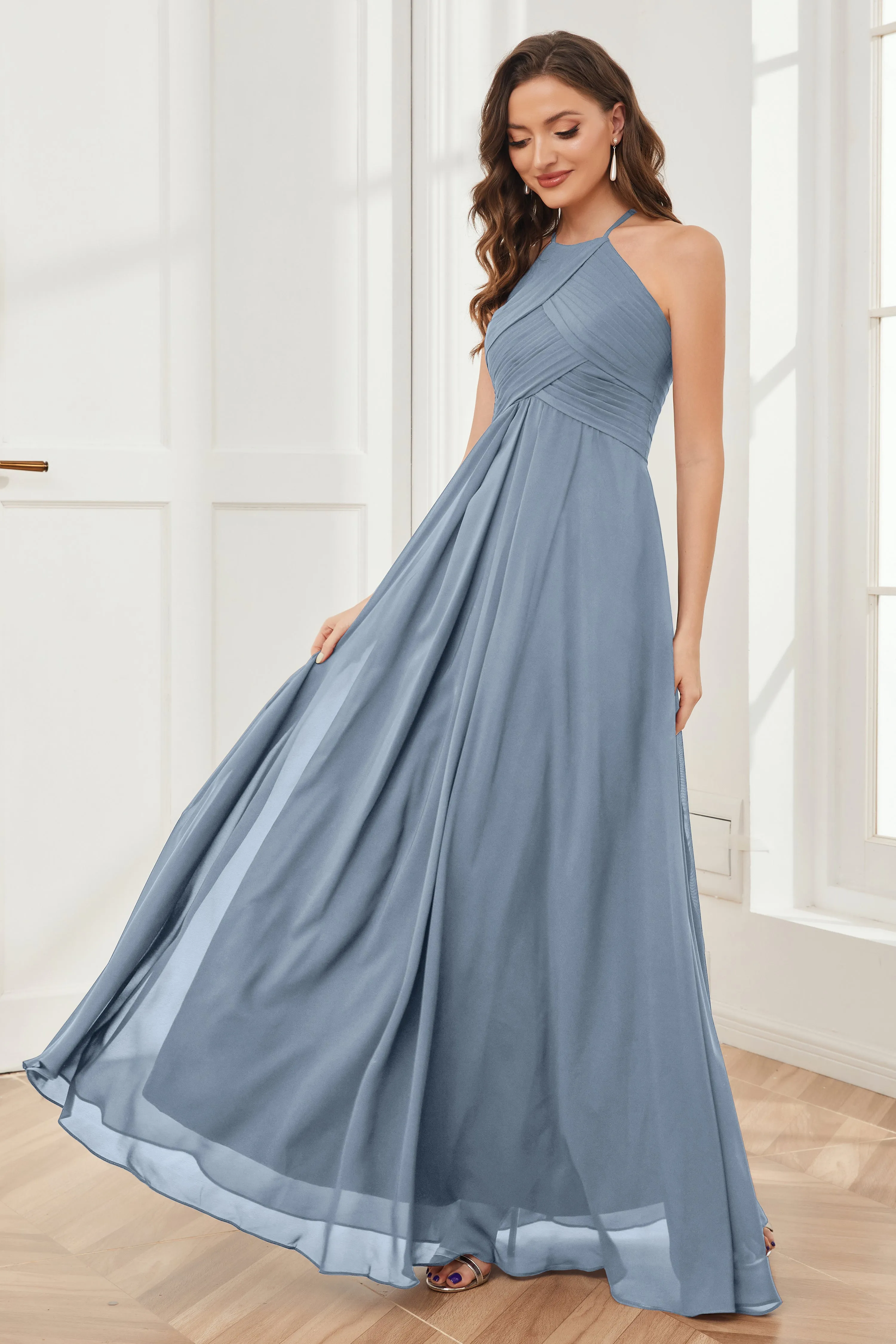 A-line Floor-length Halter Chiffon Bridesmaid Dresses