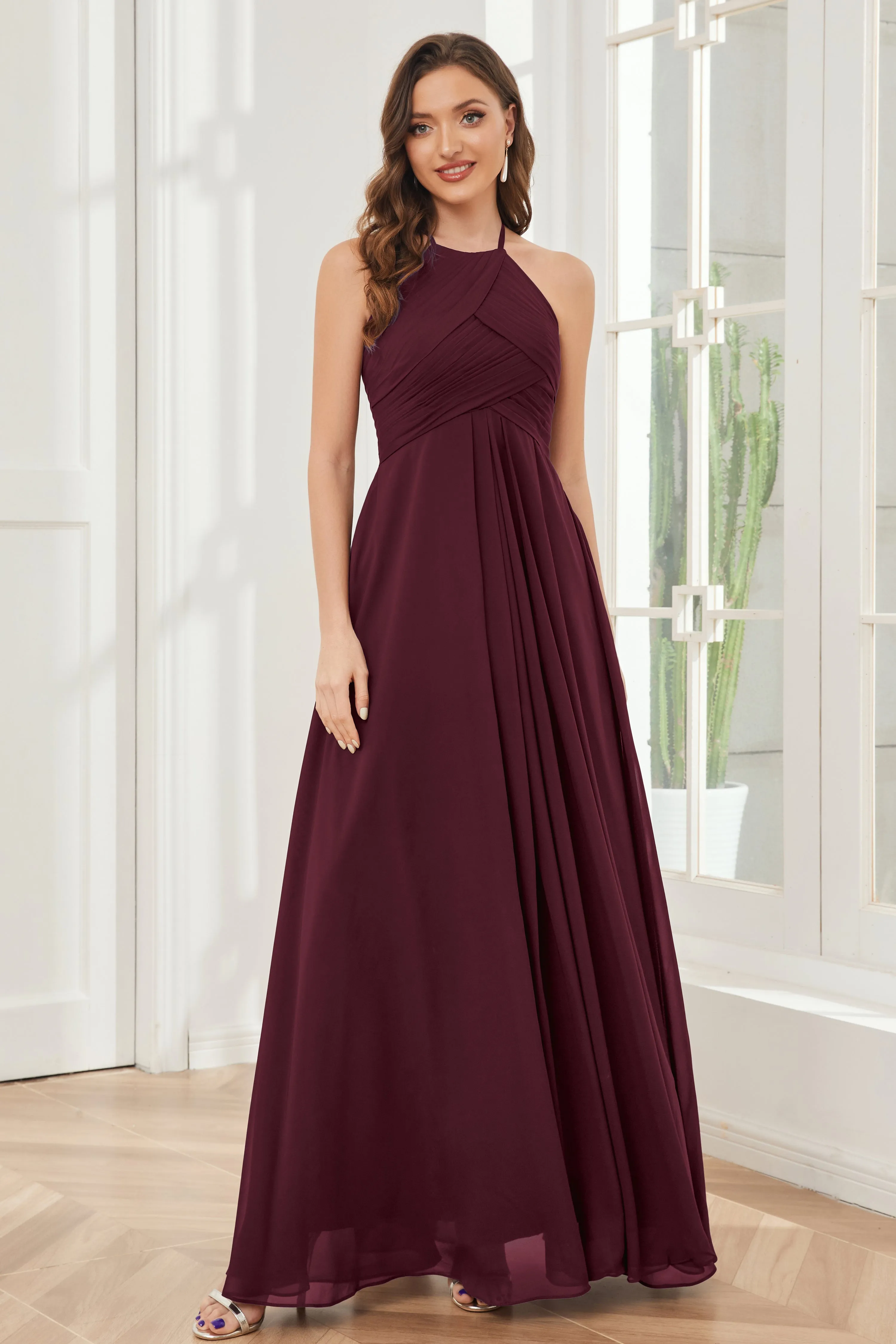 A-line Floor-length Halter Chiffon Bridesmaid Dresses