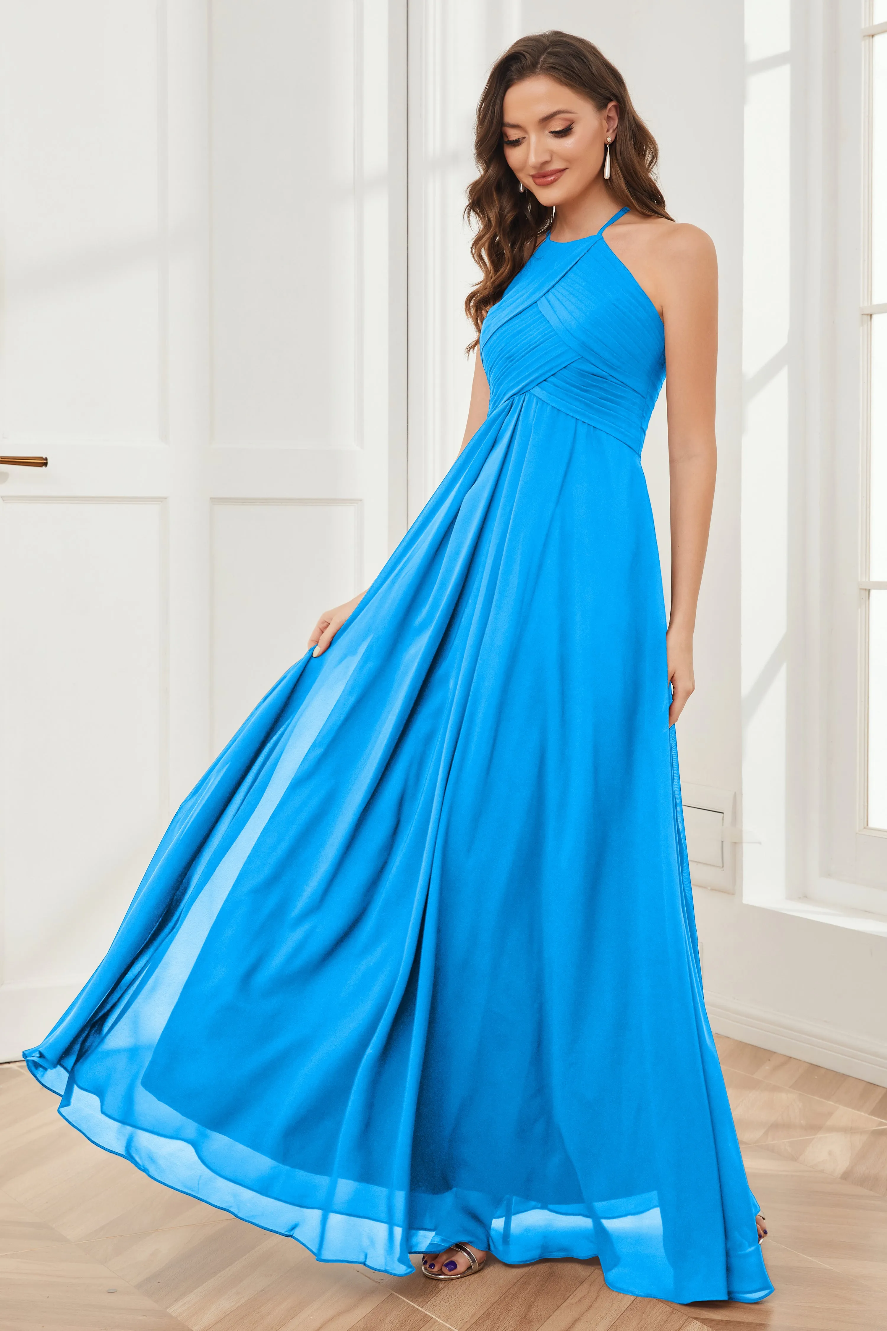 A-line Floor-length Halter Chiffon Bridesmaid Dresses