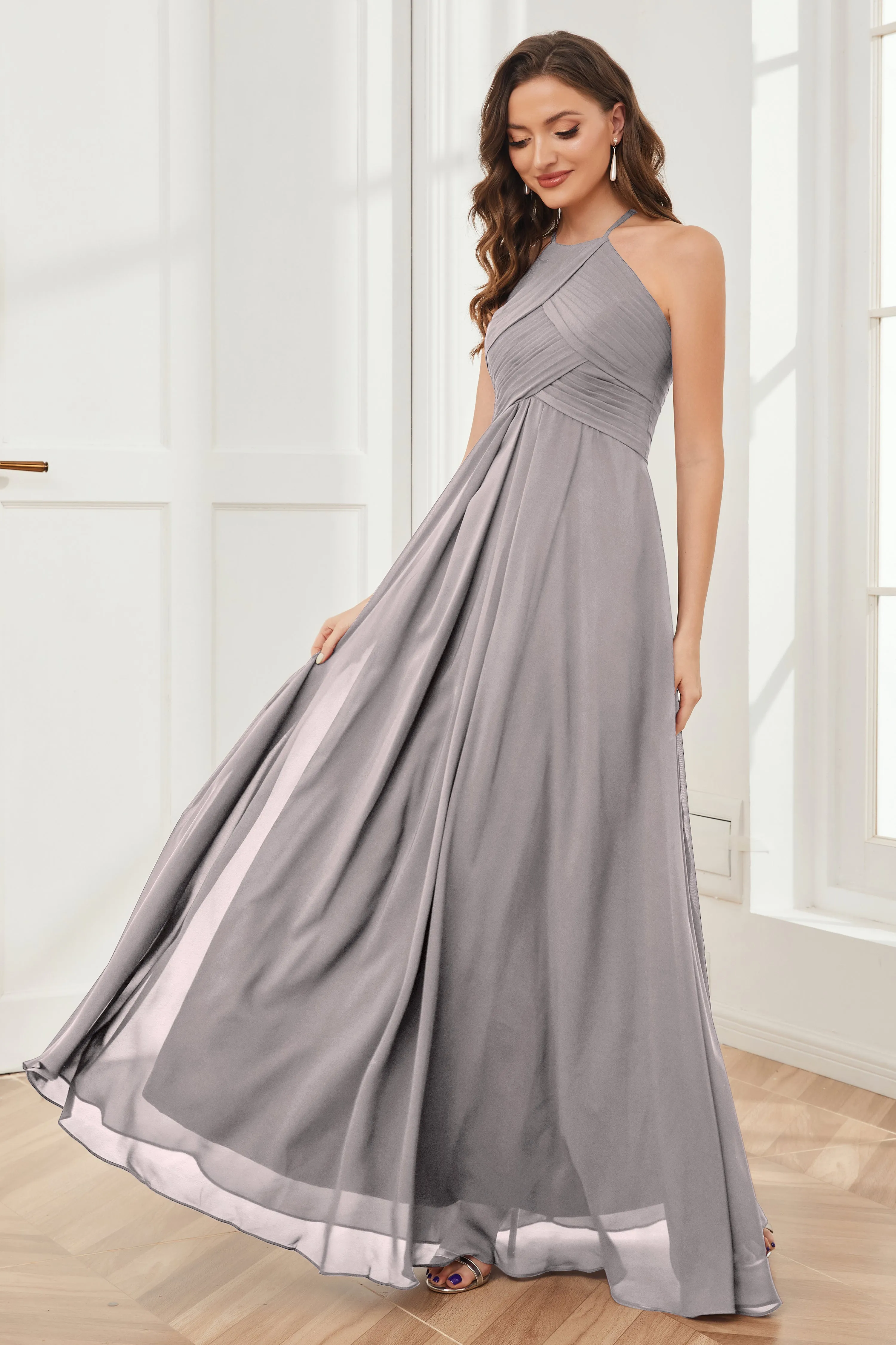 A-line Floor-length Halter Chiffon Bridesmaid Dresses