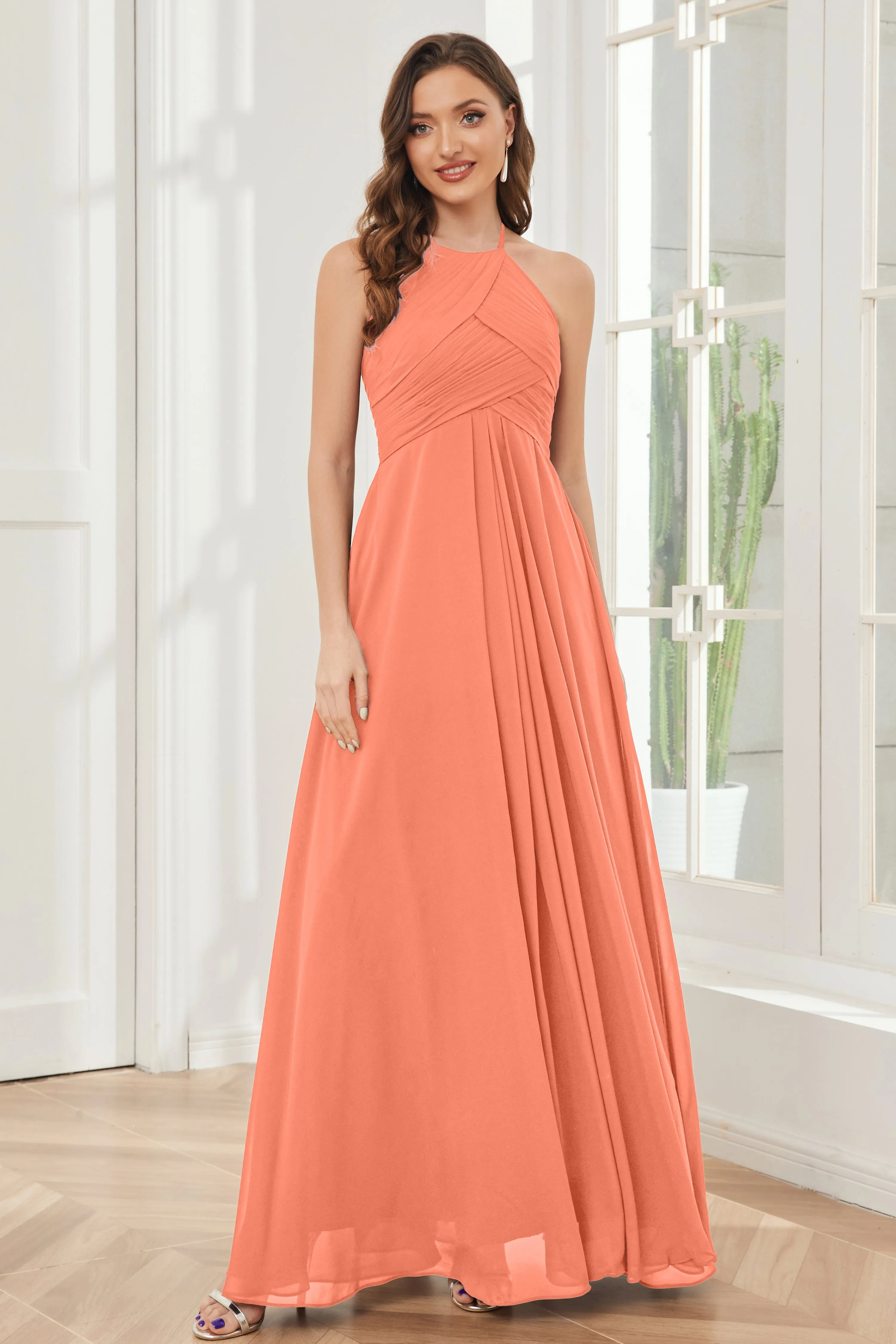 A-line Floor-length Halter Chiffon Bridesmaid Dresses