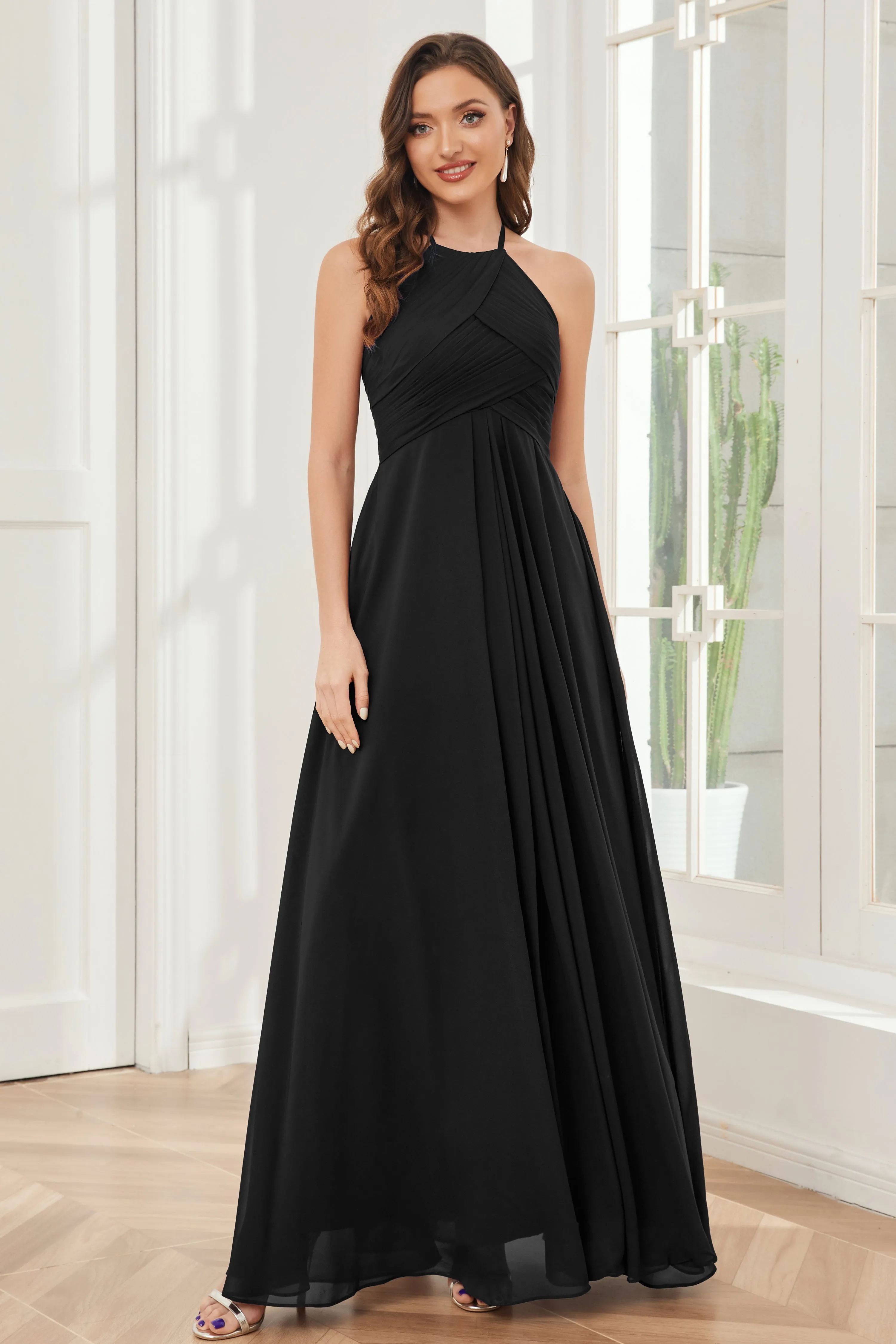 A-line Floor-length Halter Chiffon Bridesmaid Dresses