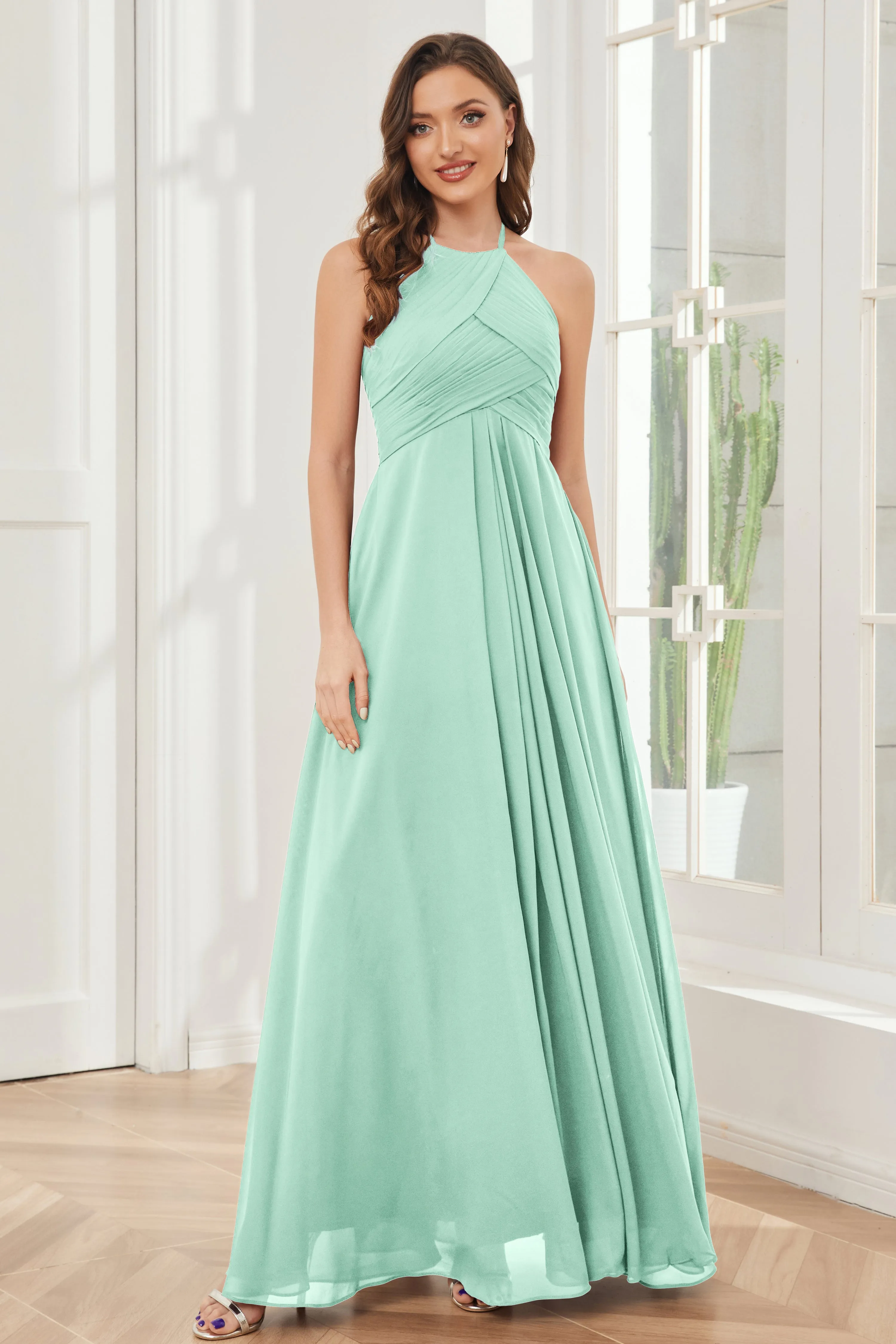 A-line Floor-length Halter Chiffon Bridesmaid Dresses