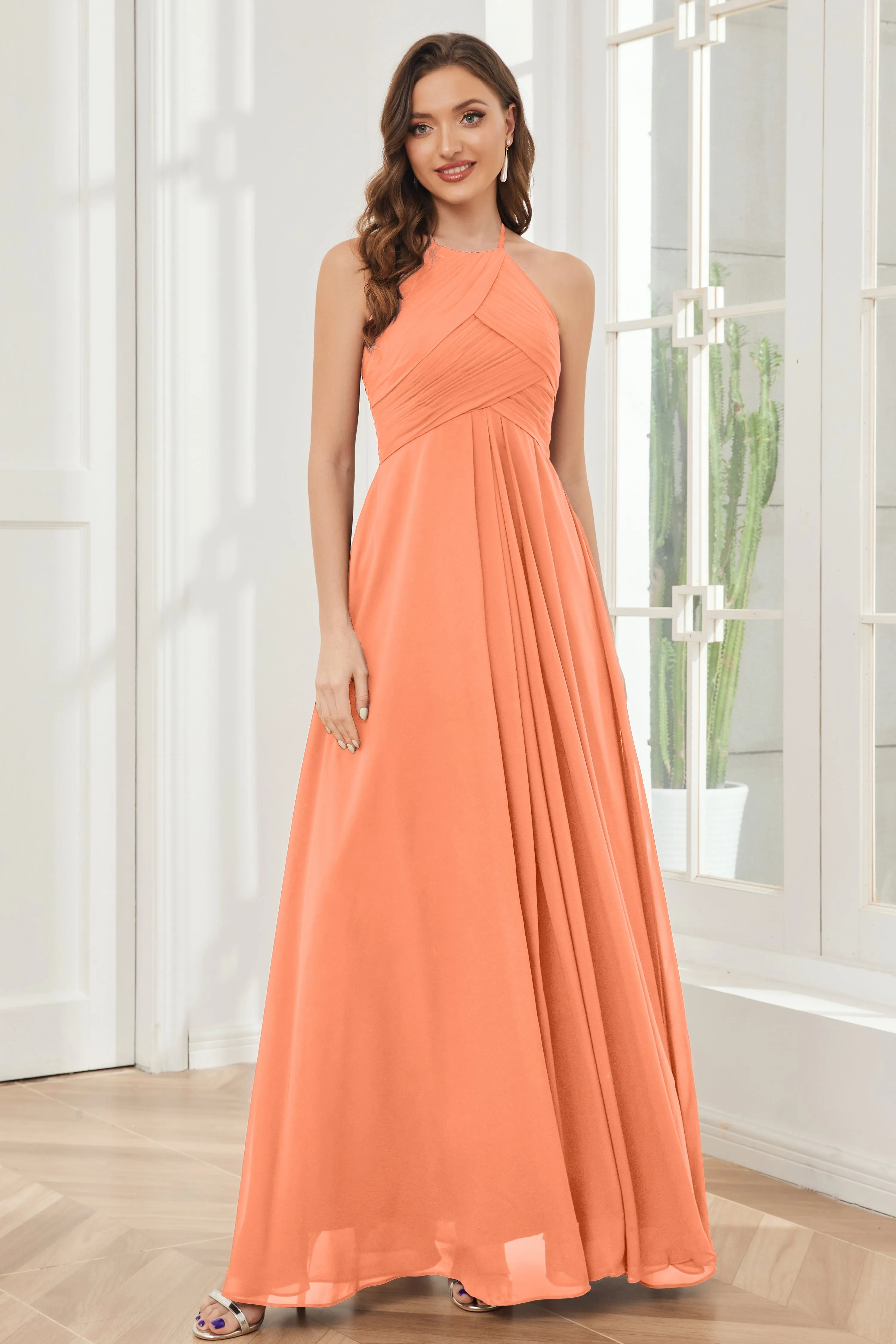 A-line Floor-length Halter Chiffon Bridesmaid Dresses