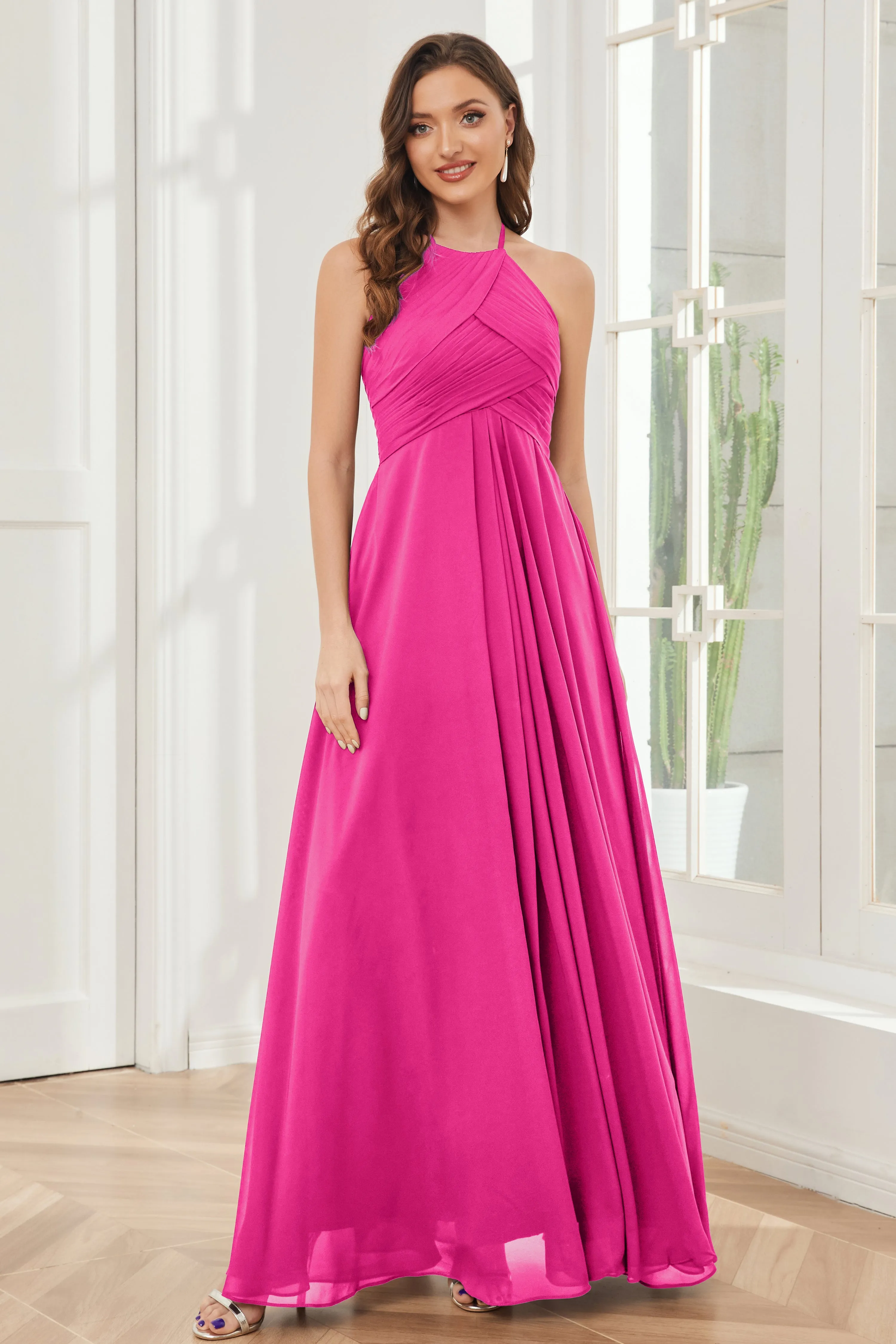 A-line Floor-length Halter Chiffon Bridesmaid Dresses