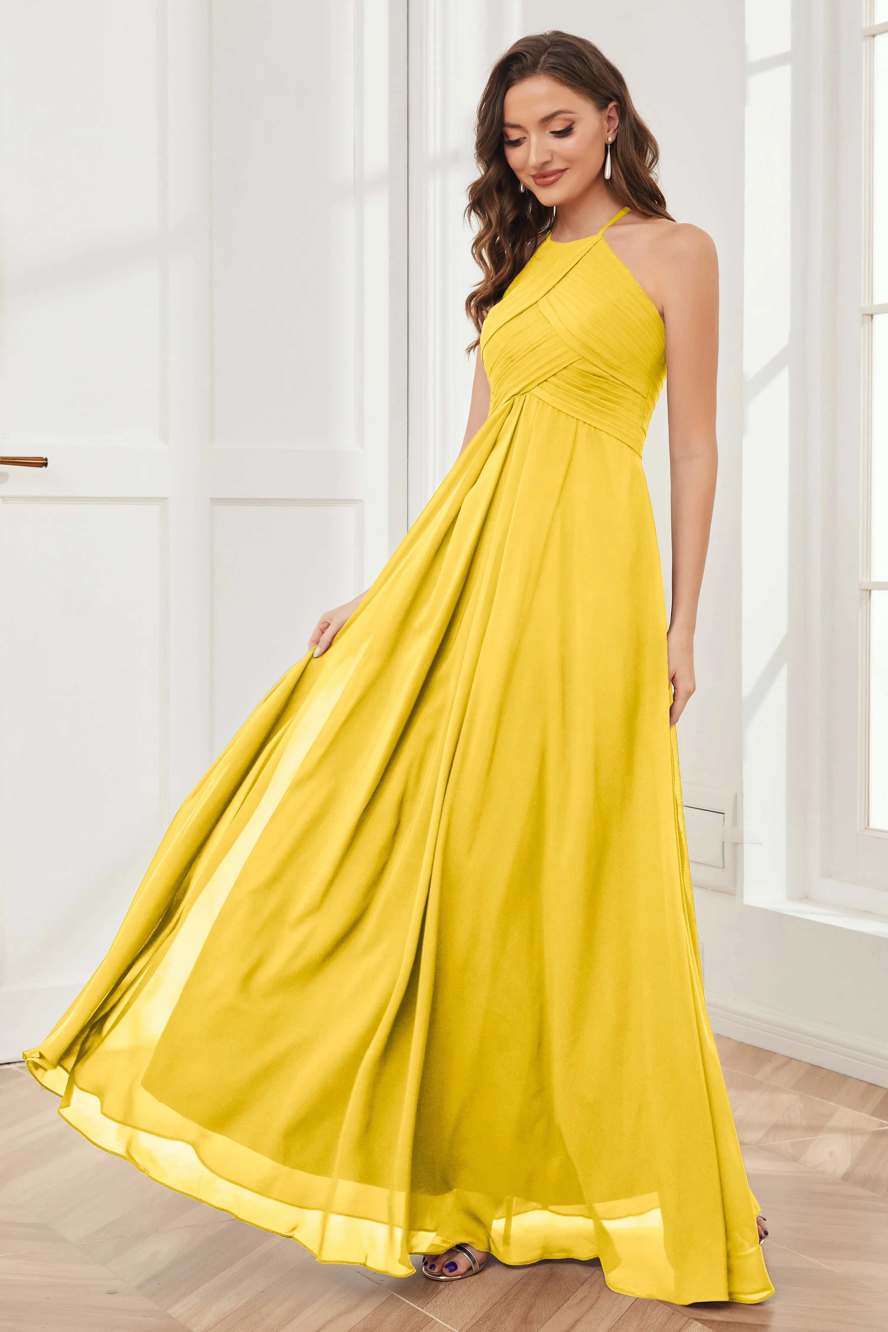 A-line Floor-length Halter Chiffon Bridesmaid Dresses