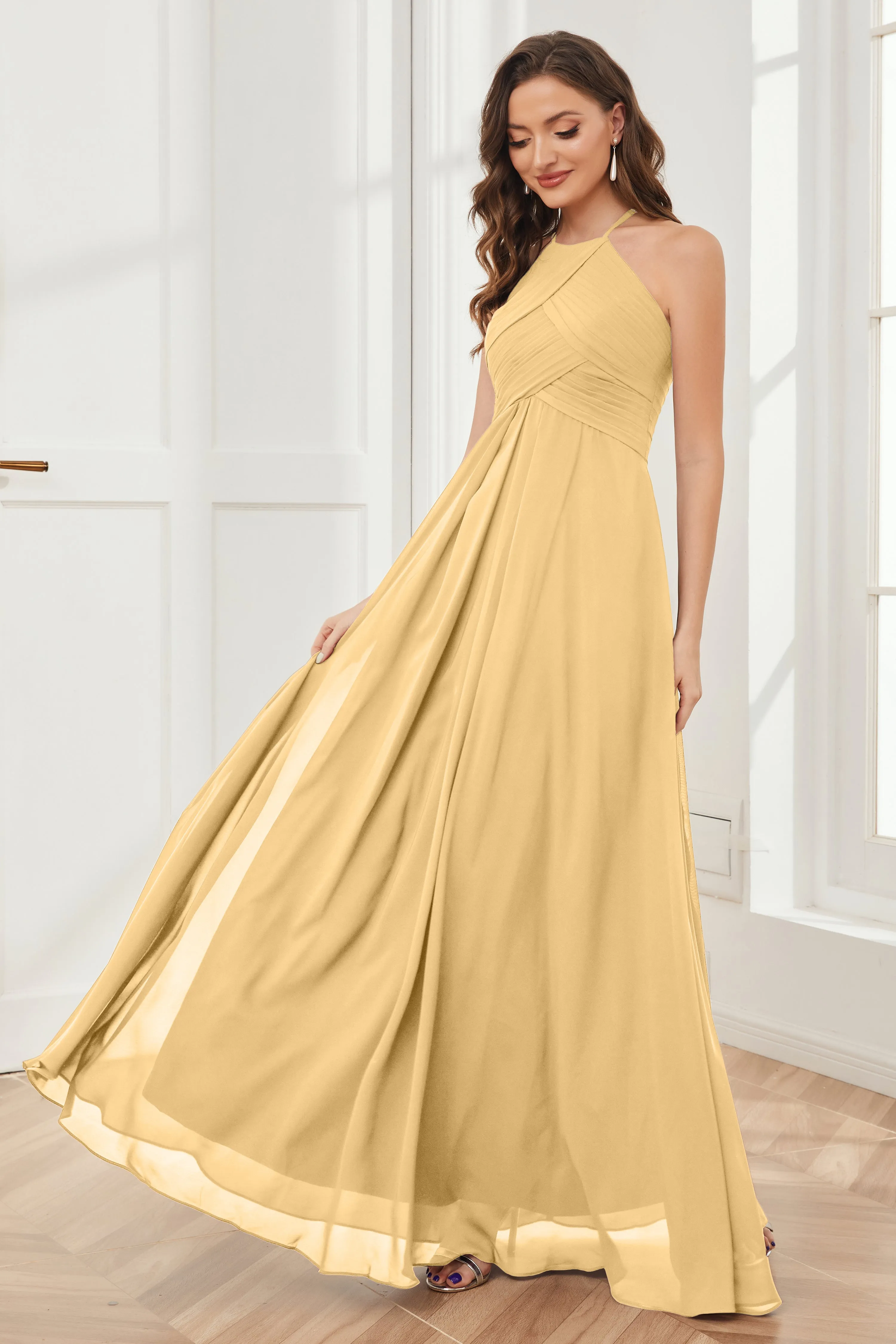 A-line Floor-length Halter Chiffon Bridesmaid Dresses