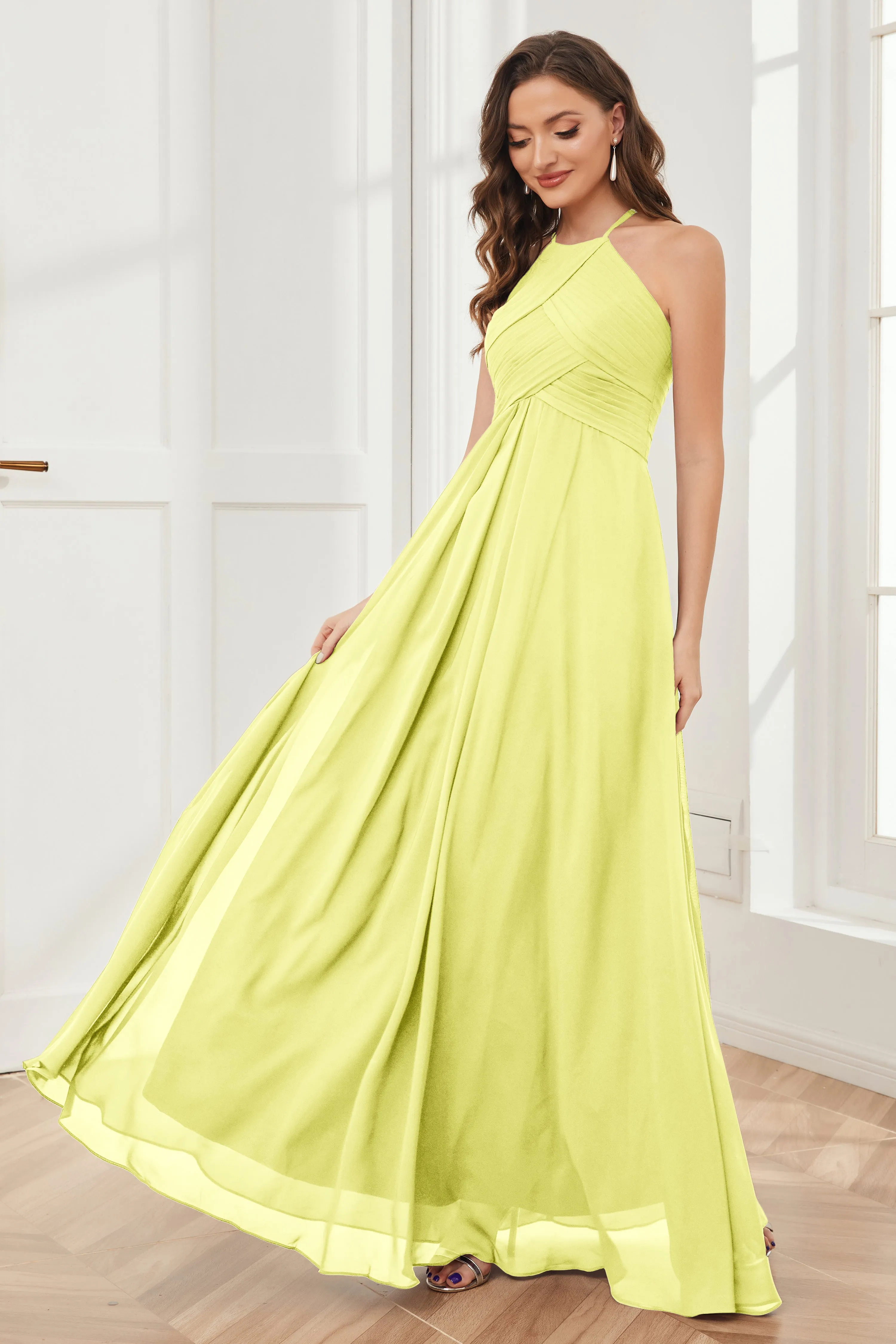 A-line Floor-length Halter Chiffon Bridesmaid Dresses