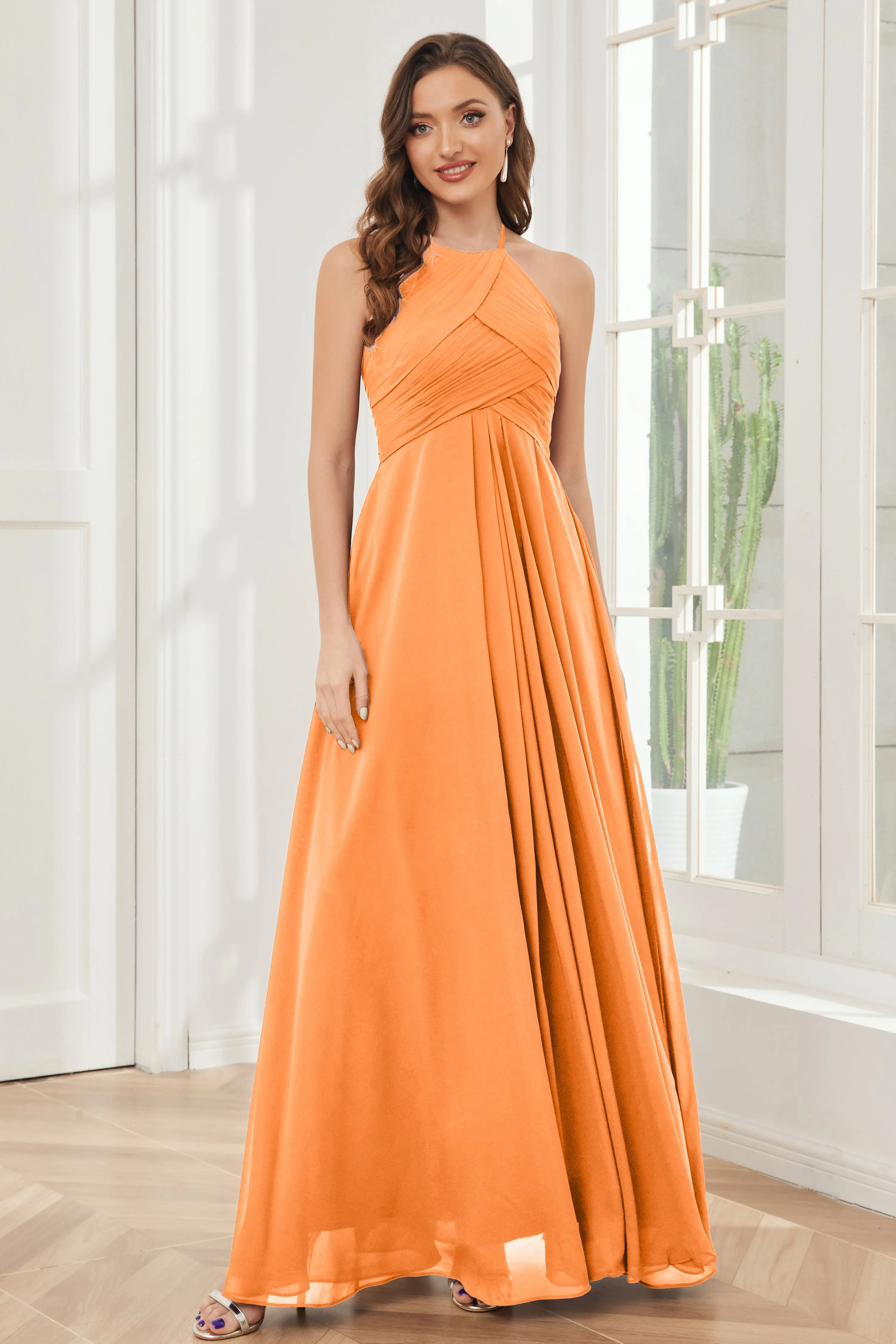 A-line Floor-length Halter Chiffon Bridesmaid Dresses