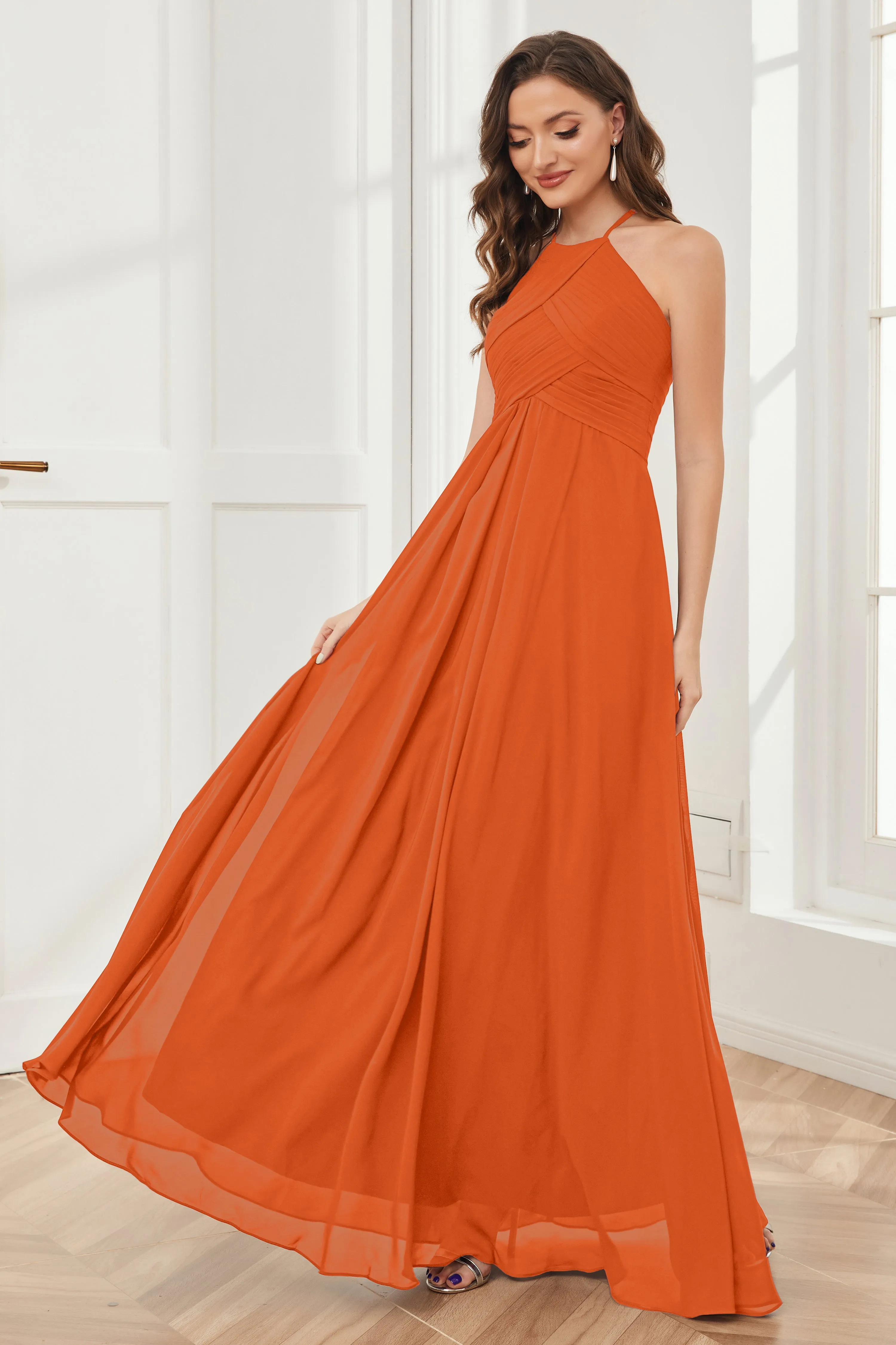 A-line Floor-length Halter Chiffon Bridesmaid Dresses