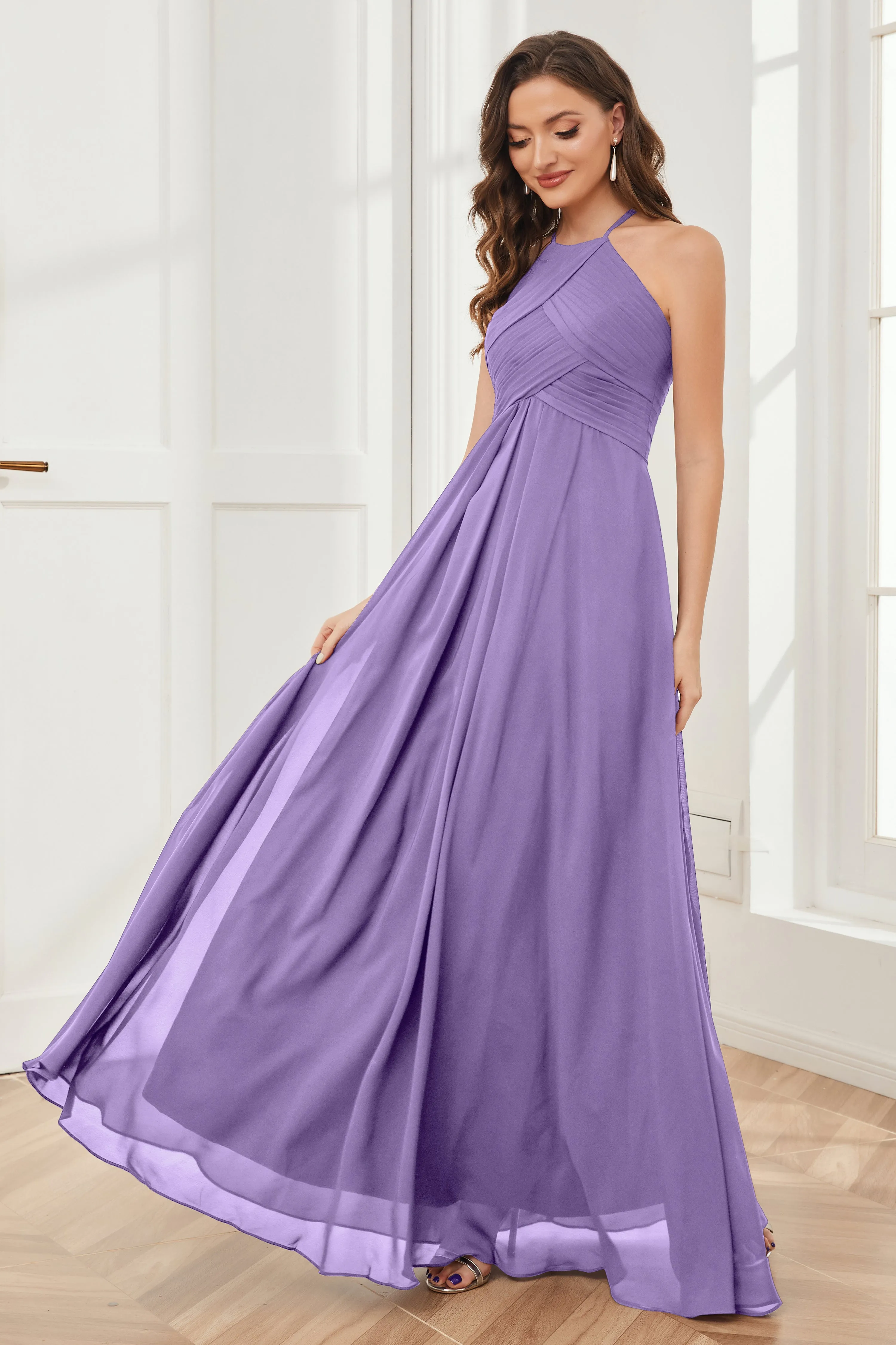 A-line Floor-length Halter Chiffon Bridesmaid Dresses