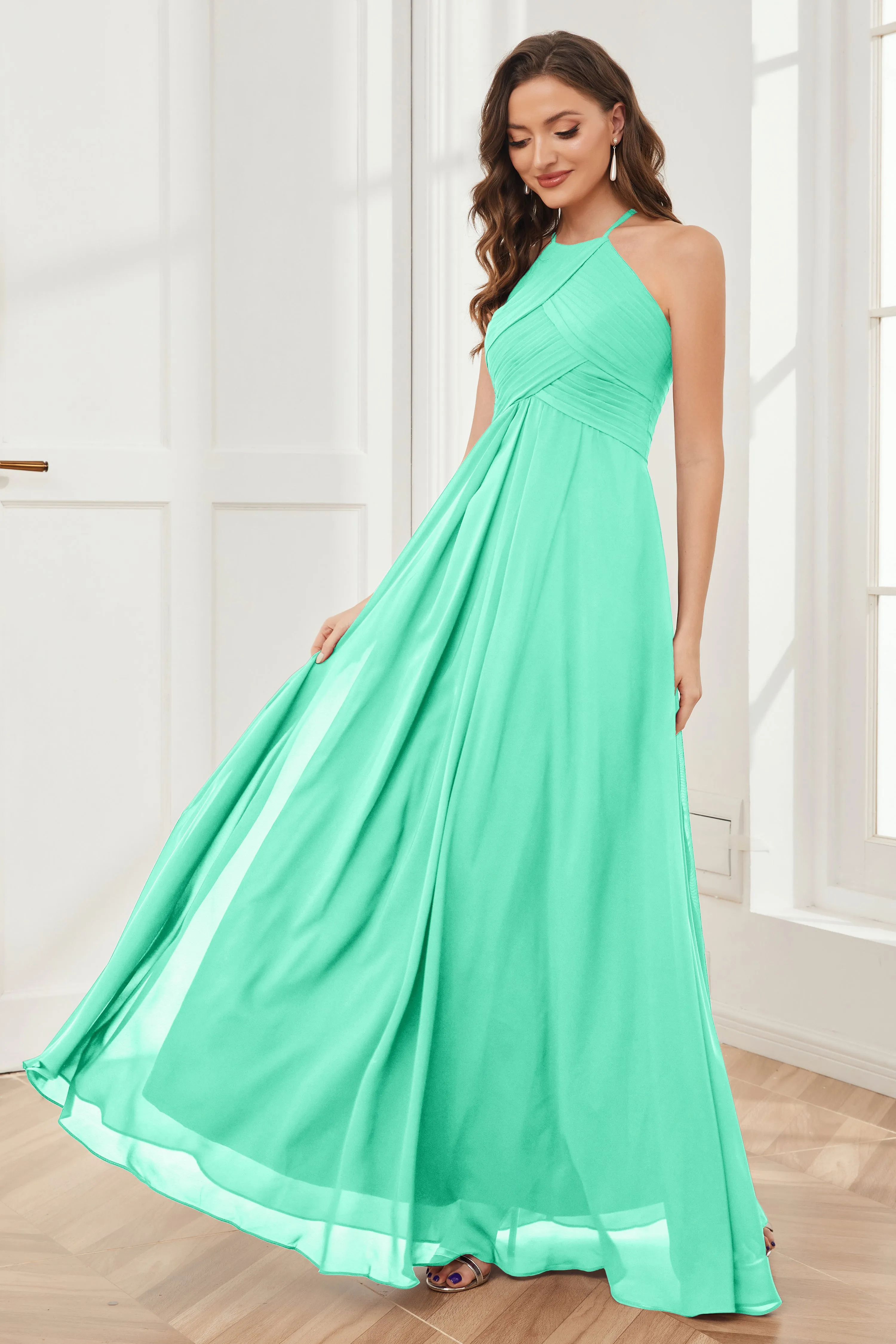 A-line Floor-length Halter Chiffon Bridesmaid Dresses