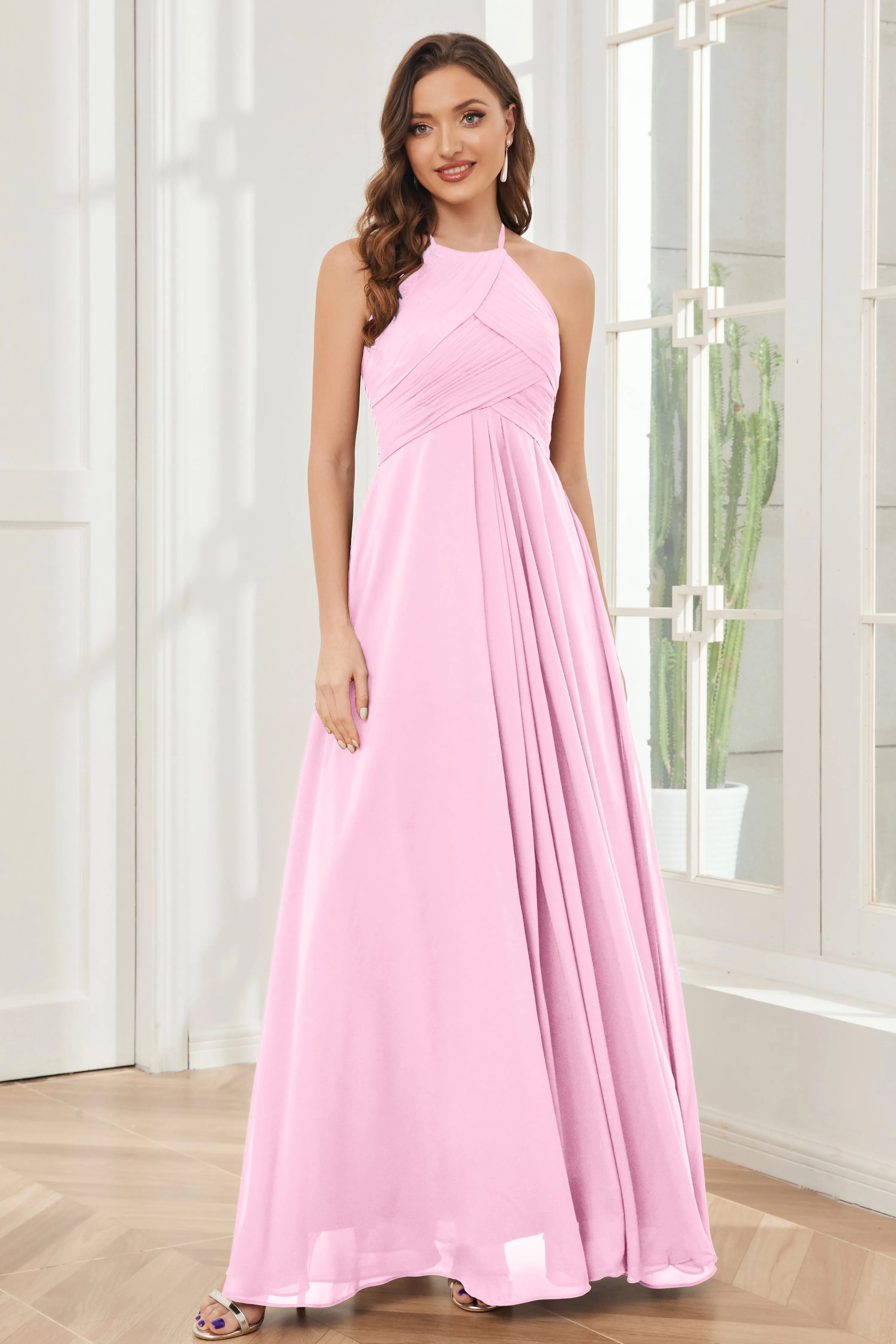 A-line Floor-length Halter Chiffon Bridesmaid Dresses